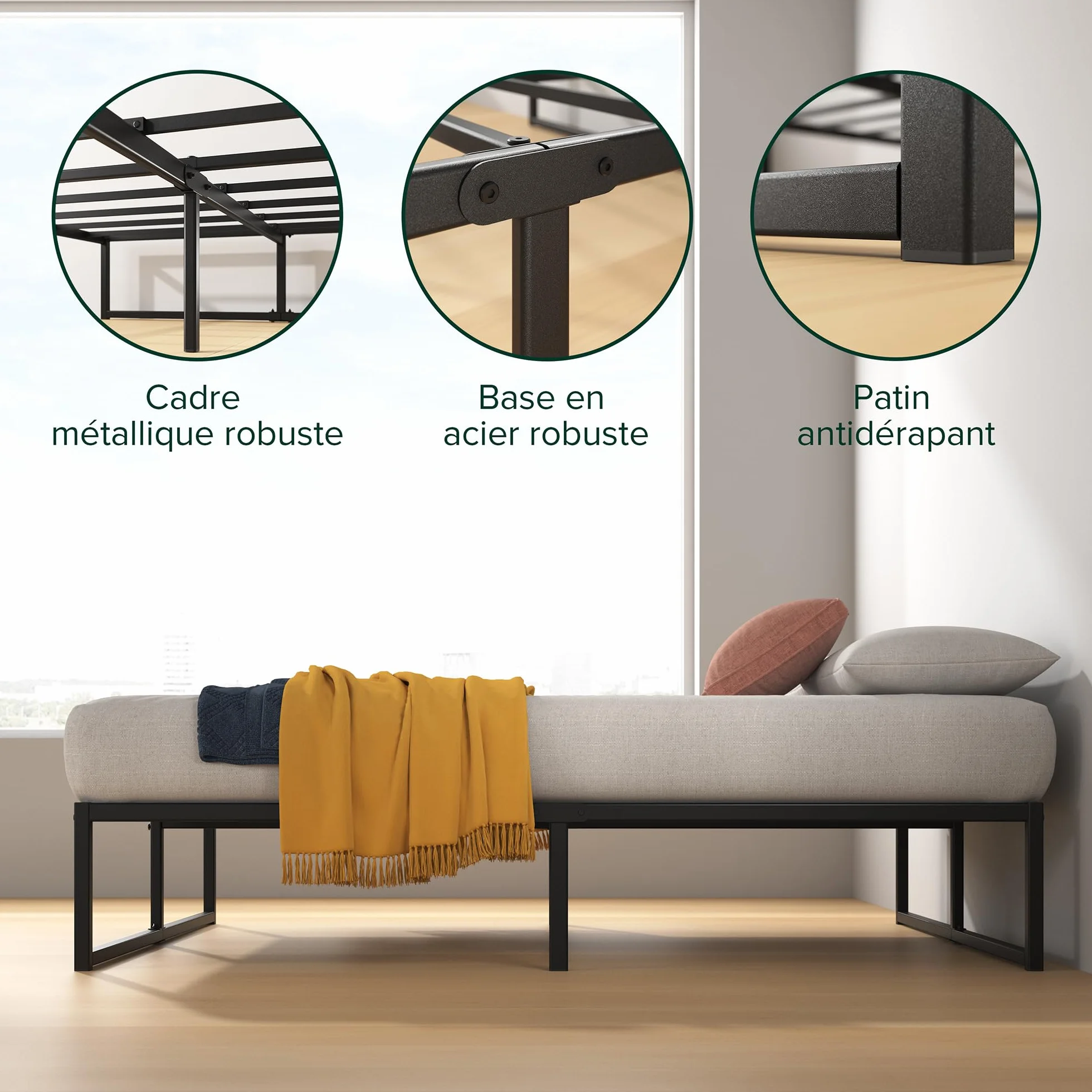 Zinus Lorelai łóżko 140 x 190 cm, rama łóżka o wysokości 36 cm z miejscem do przechowywania pod łóżkiem, metalowa rama łóżka platformowego, kolor czarny
