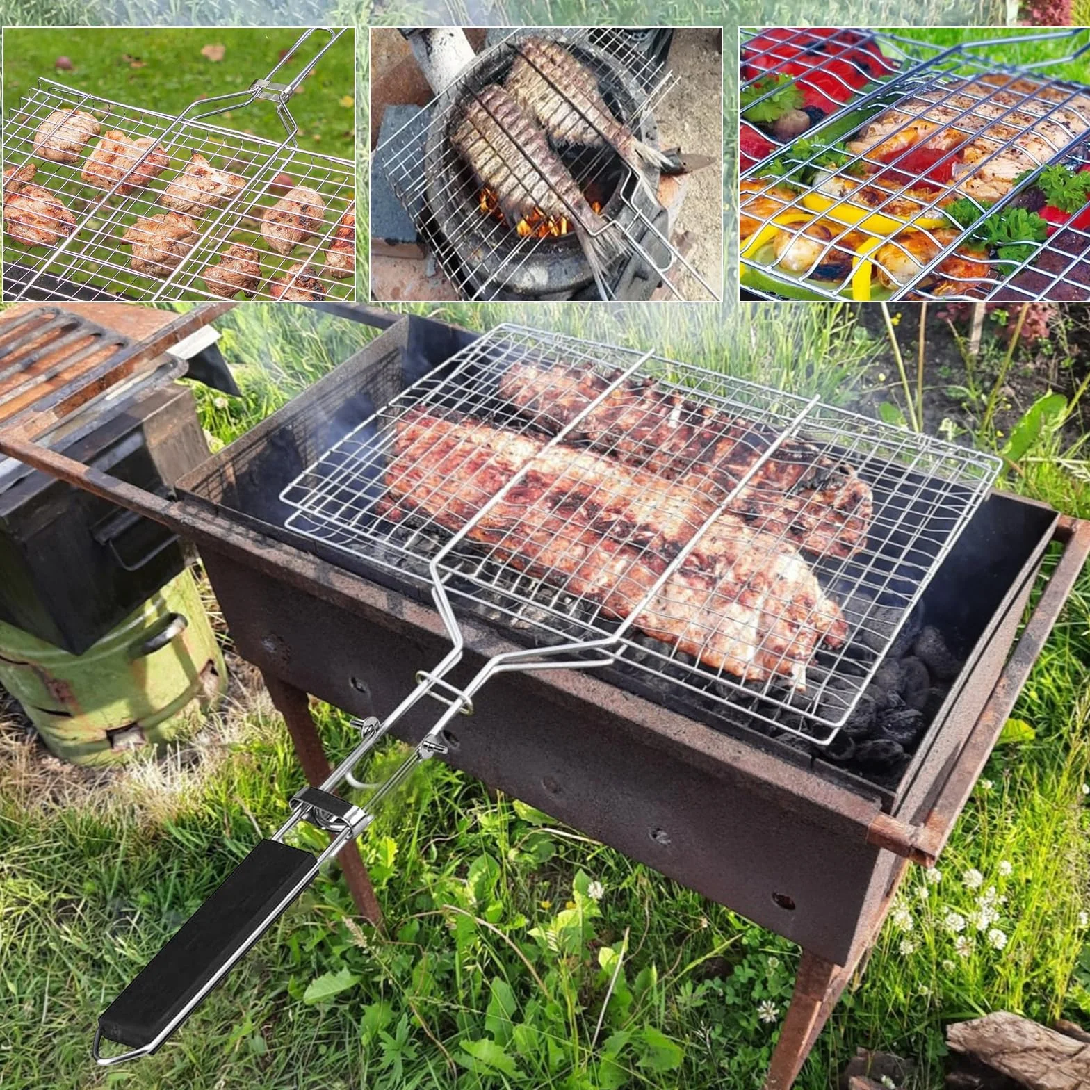 Kosz do grillowania ze stali nierdzewnej, 32 x 22 cm, składany i przenośny, w zestawie 2 silikonowe szczotki, akcesoria do grillowania ryb, warzyw, steków, krewetek, ze zdejmowanym uchwytem
