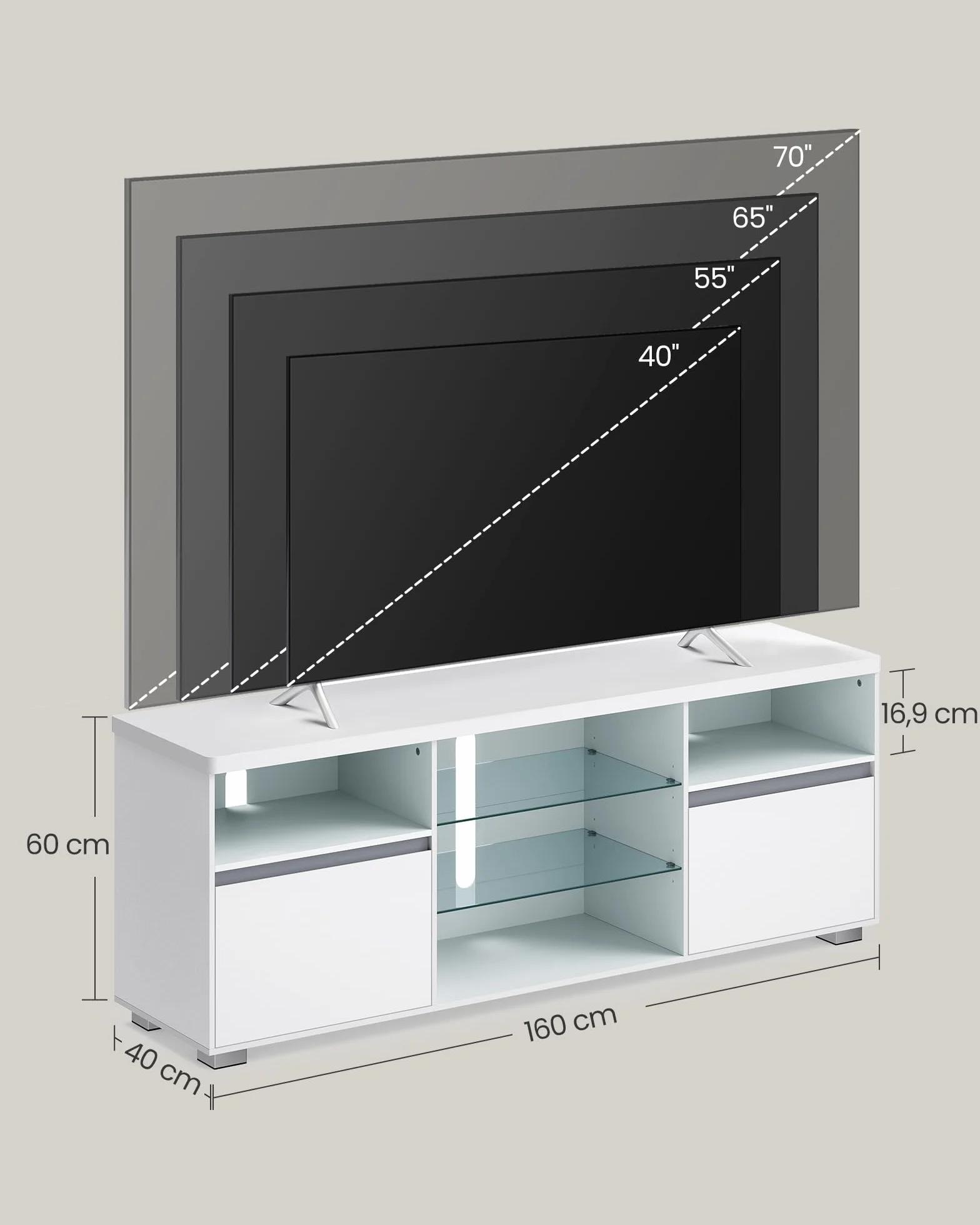Kolekcja VASAGLE KAILYN - szafka pod telewizor z oświetleniem LED, stół pod TV, stojak na telewizor do 70 cali, z otwartymi półkami, 2 szafki z drzwiami, 160 cm, do salonu, biały LTV331T10