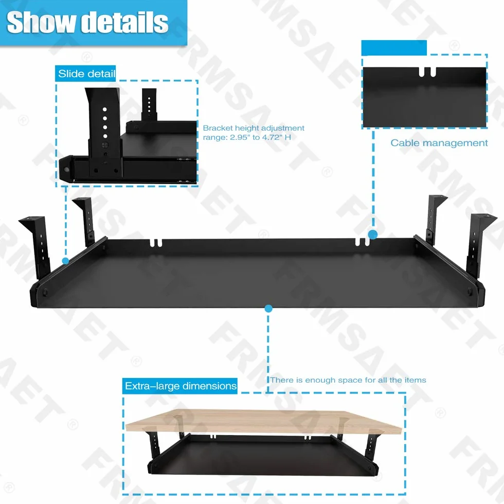FRMSAET Klawiatura podbiurkowa wytrzymała całkowicie metalowa materiał 53/60/76 cm platforma organizer do szuflad komputerowych biuro sypialnia garaż narzędzie do przechowywania (60 cm, Czarna)
