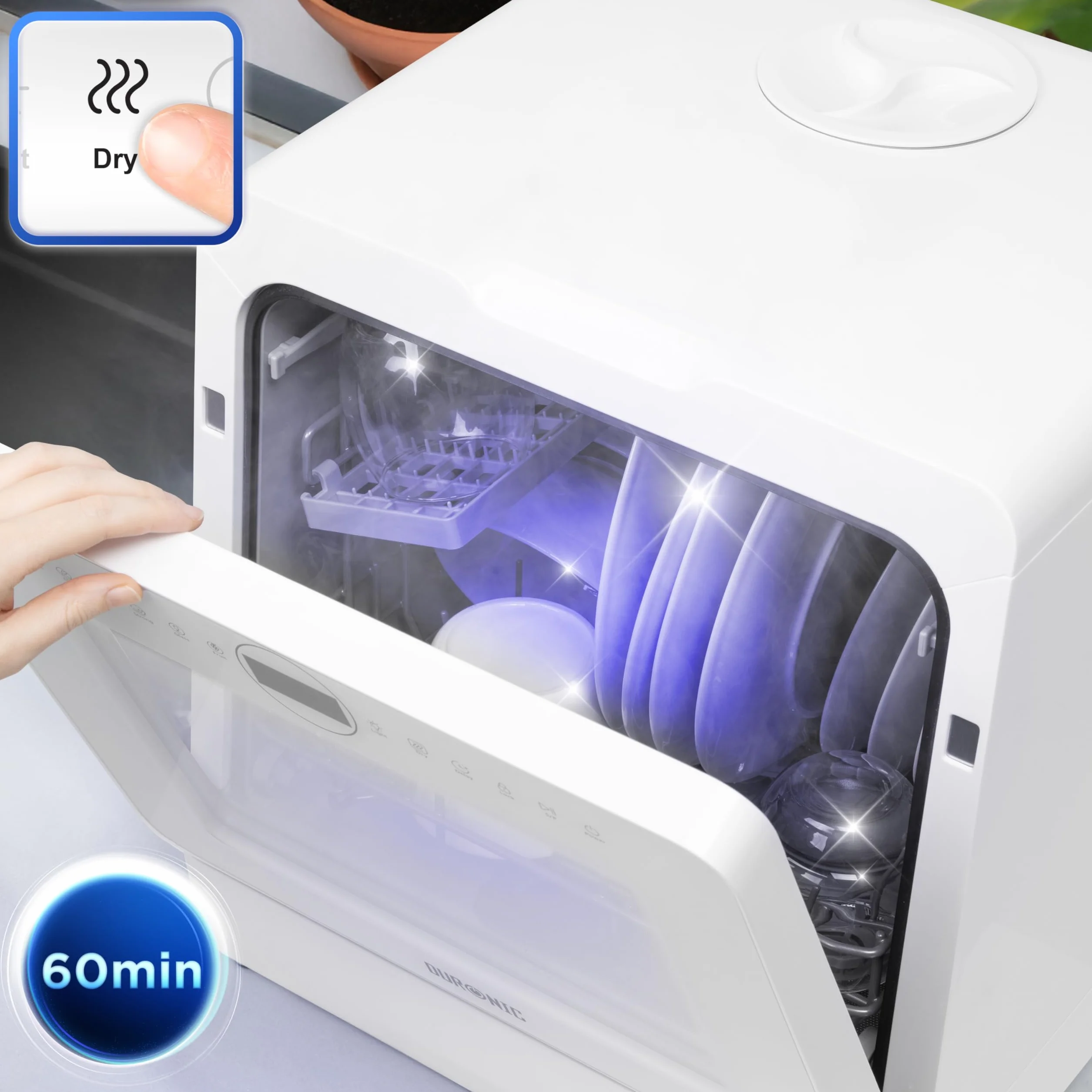 Duronic DW5 WE Zmywarka nablatowa z lub bez przyłącza wody 950W przenośna kompaktowa 5l /cykl do naczyń szkła owoców mała zmywarka stołowa biała