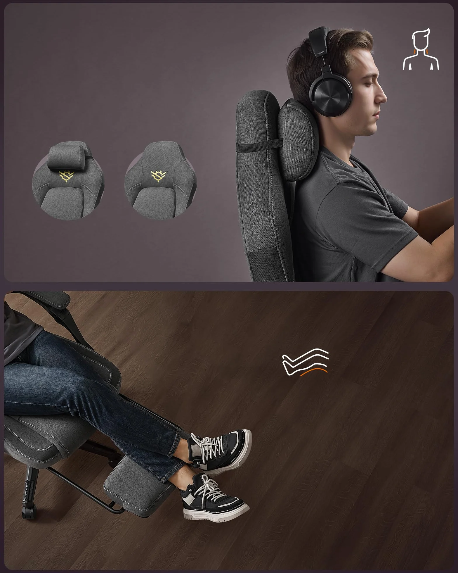 SONGMICS HOME Krzesło do gier, ergonomiczne krzesło komputerowe z podnóżkiem, krzesło biurowe, krzesło obrotowe z poduszką, mieszanka bawełny i lnu, regulacja wysokości, gołębi szary OBG072G01