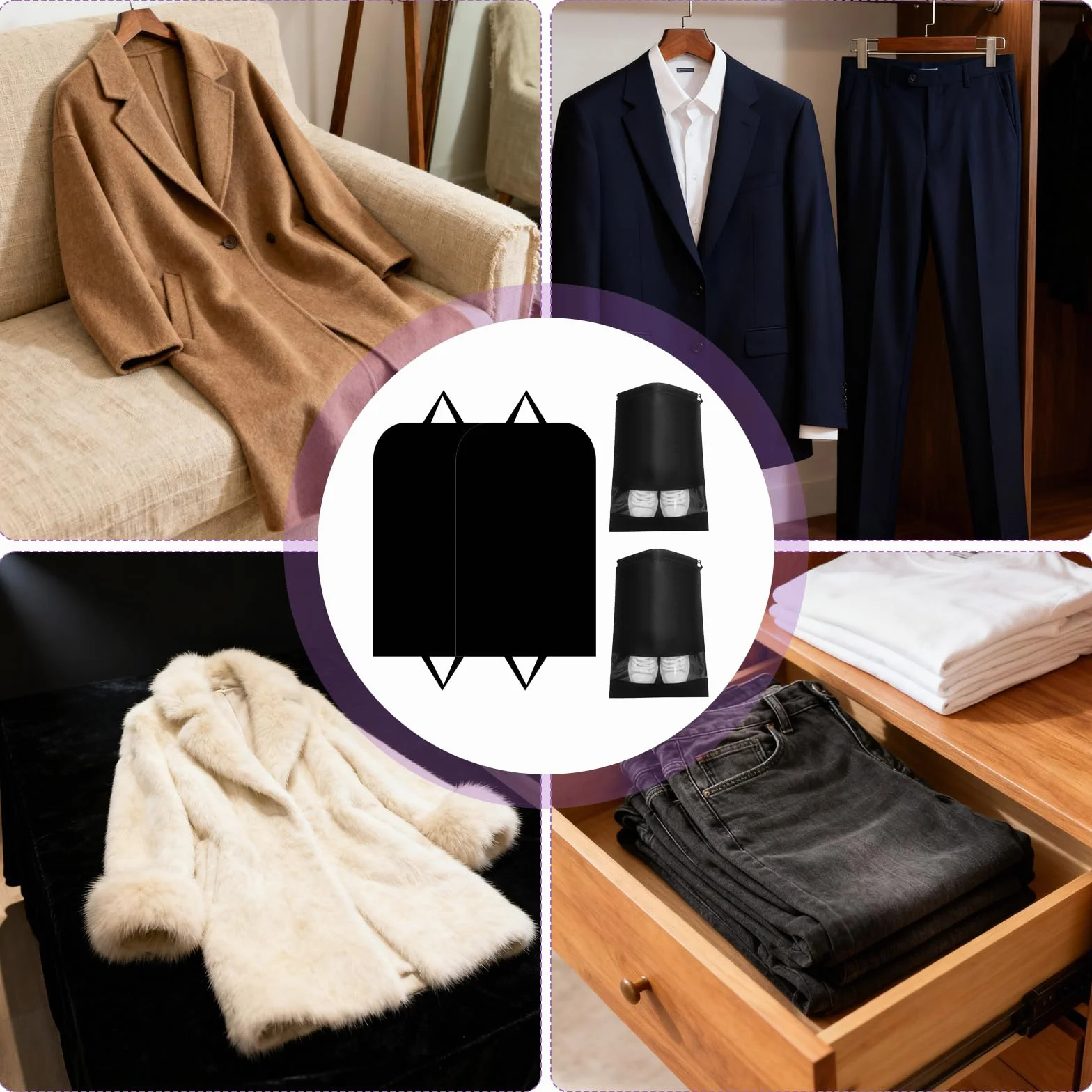 2 sztuki worków na ubrania z 2 workami na buty, 120 x 60 cm, pokrowiec ochronny, długi, czarny worek na ubrania z zamkiem błyskawicznym do przechowywania, pokrowiec na ubrania