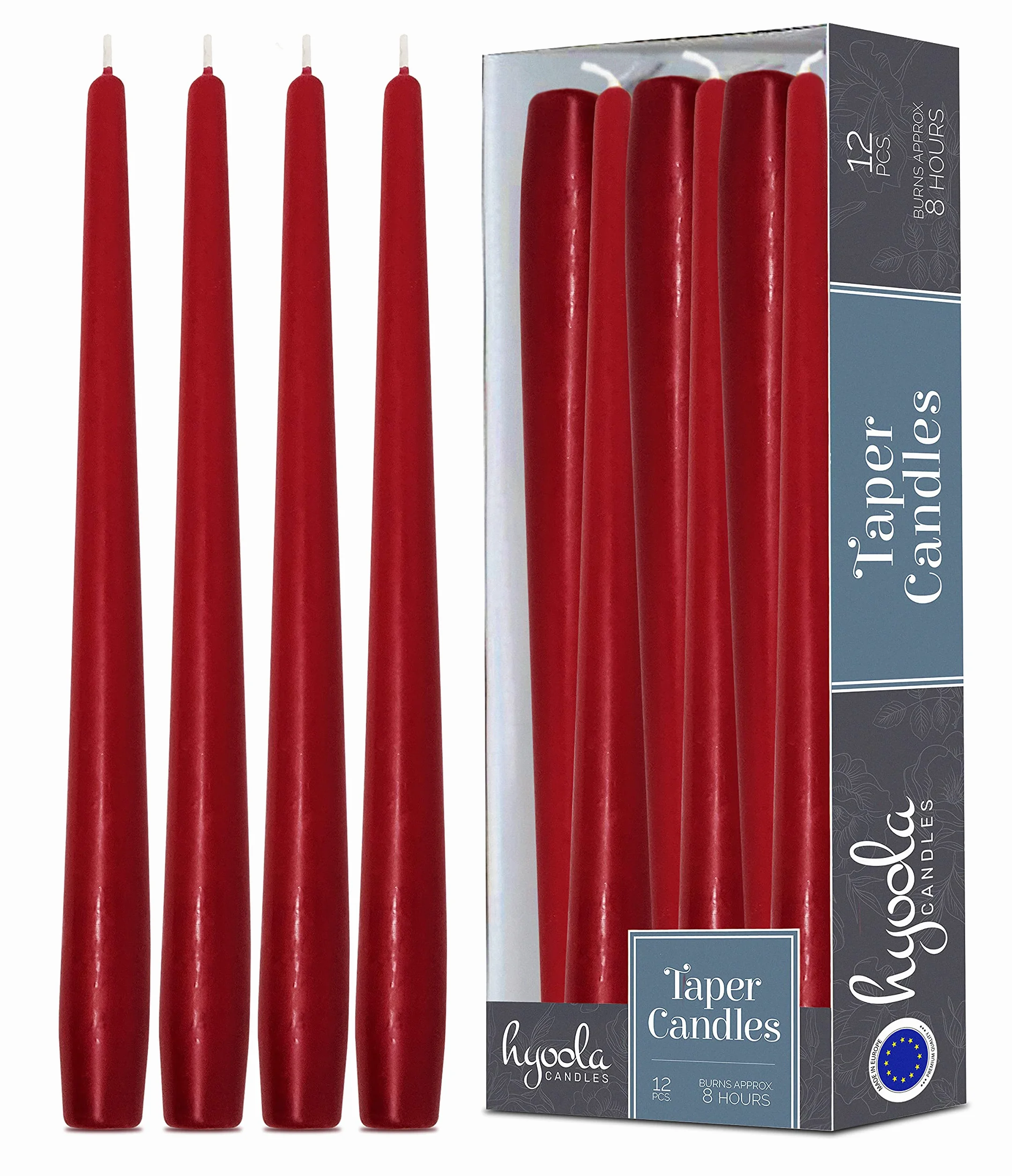 Hyoola Stożkowe Świece Dekoracyjne – Świece Stożkowe – Świeczka Bezzapachowa – Świece Niekapiące – Eleganckie Świece Ozdobne 25 cm, Wiśniowy - 12 Sztuk - Czas Spalania 8 Godzin