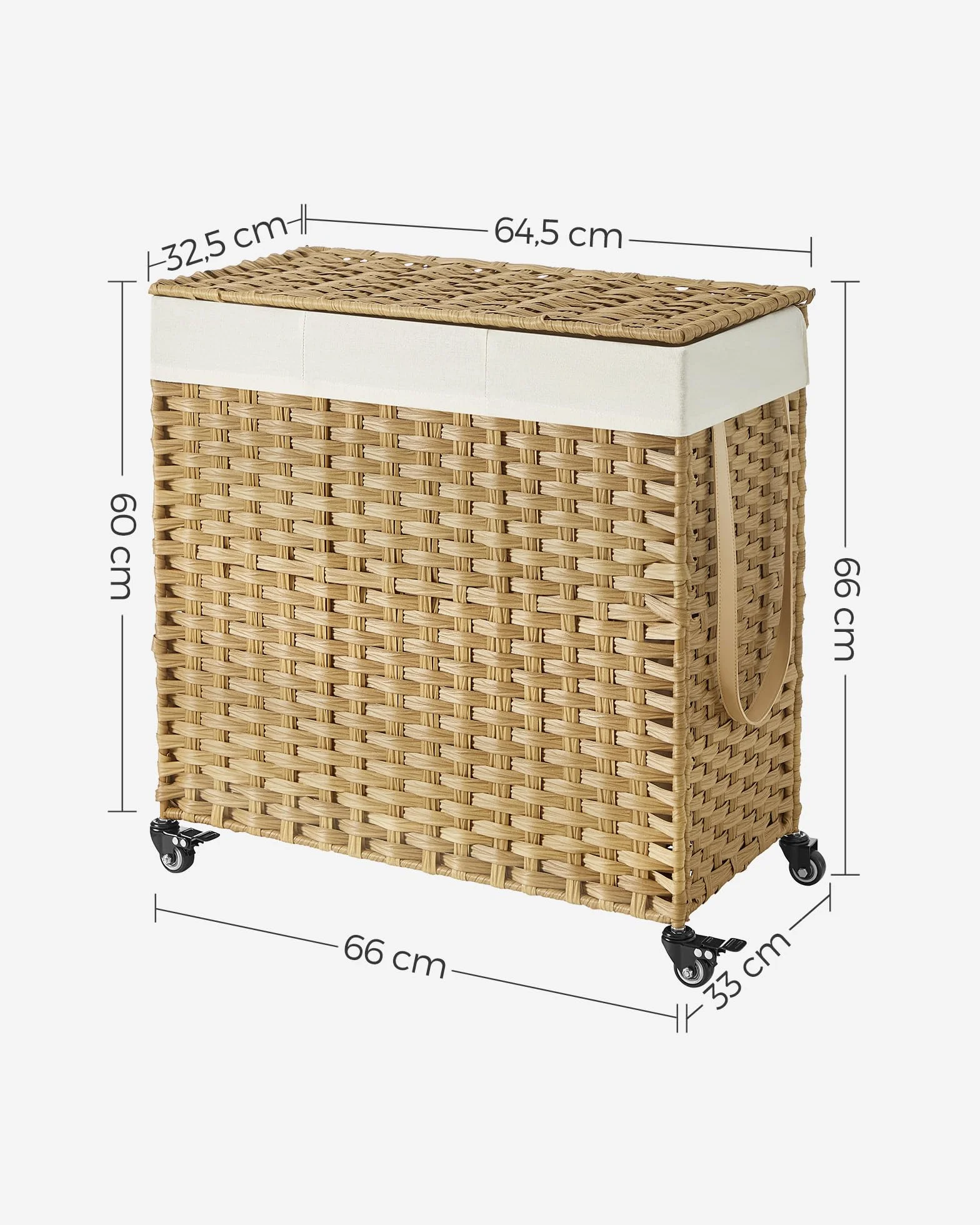 SONGMICS Ręcznie tkany kosz na bieliznę, 140 l, imitacja rattanu, 3 części, zdejmowana torba, pokrywa, uchwyty, łatwy montaż, salon, łazienka, 66 x 33 x 60 cm, kolor drewna LCB363N01
