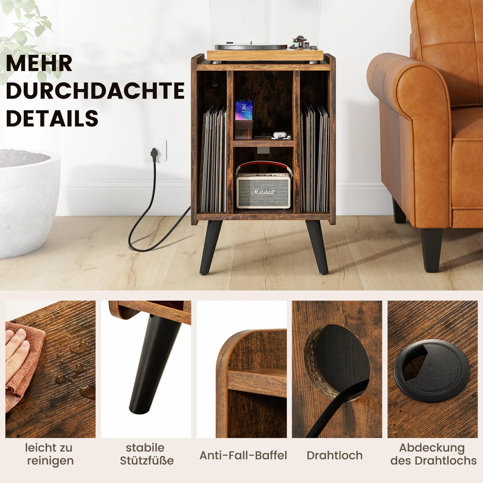 COSTWAY Stojak gramofonowy ze stacją ładującą, płyty winylowe, stół z 4 otwartymi półkami, stojak na płyty winylowe, vintage, stolik pomocniczy do salonu, biura, 43 x 34,5 x 67,5 cm, vintage