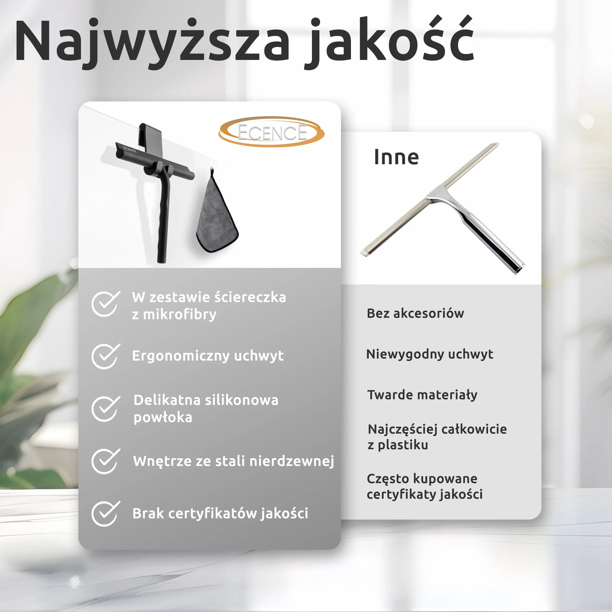 ECENCE Silikonowa ściągaczka do kabiny prysznicowej, ściągaczka do kabiny prysznicowej, z uchwytem i ściereczką z mikrofibry, czarna, 21cm