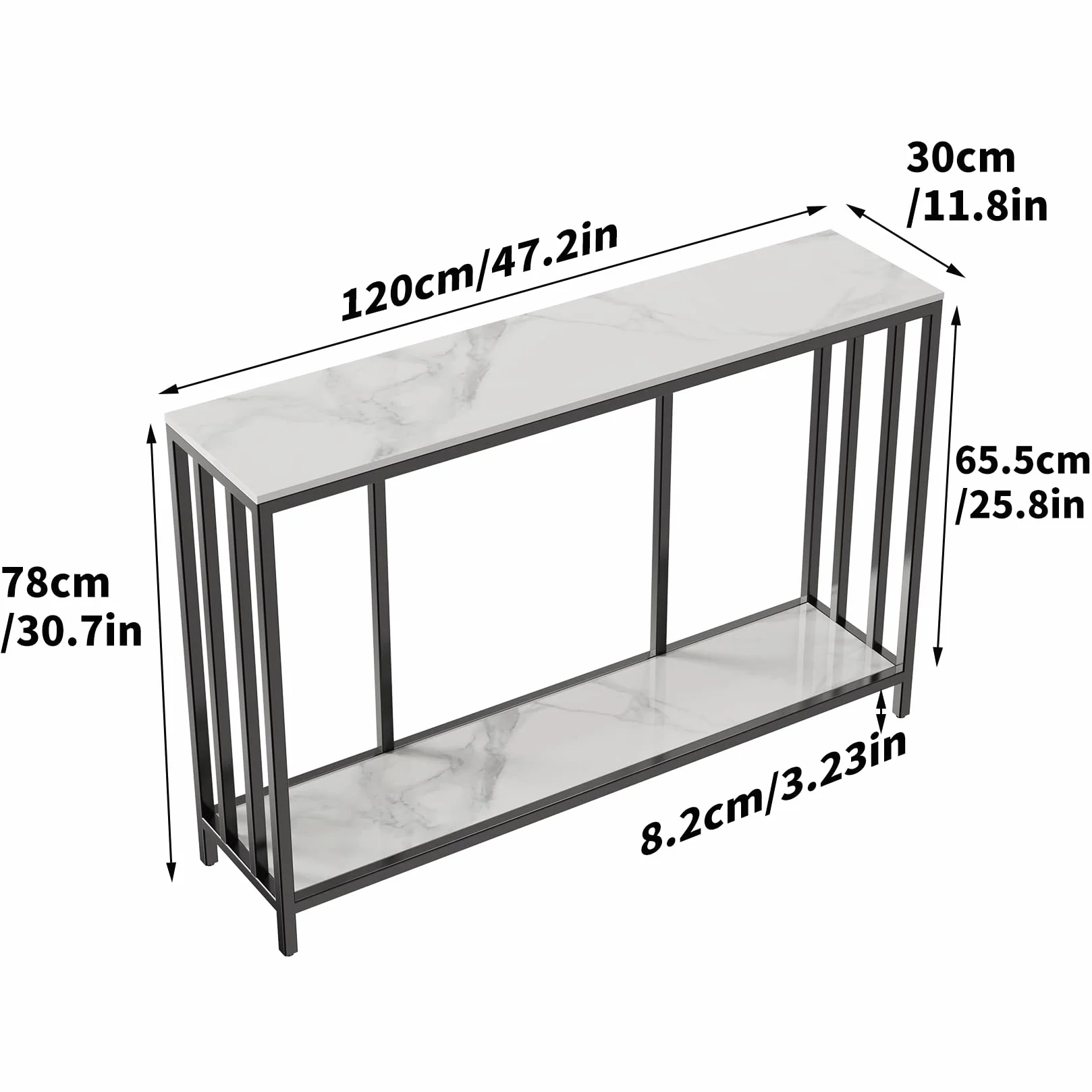 FATIVO Konsolowy marmur, stół wejściowy, biały, korytarz, 2 półki, 120 cm, przechowywanie, wąski, nowoczesny, dekoracja