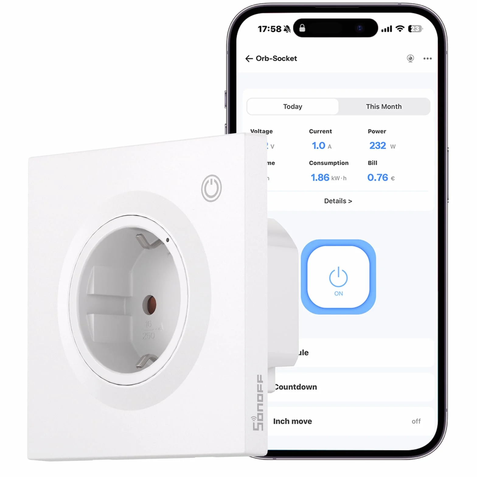 SONOFF Fusion, Orb Socket(Shuko), WS01TPF-E, Inteligentne Gniazdko Ścienne, Kompatybilne z Matter, Wi-Fi 2.4GHz, Norma UE, 16A, 4000W, Monitorowanie Energii, Zabezpieczenie Przeciążeniowe