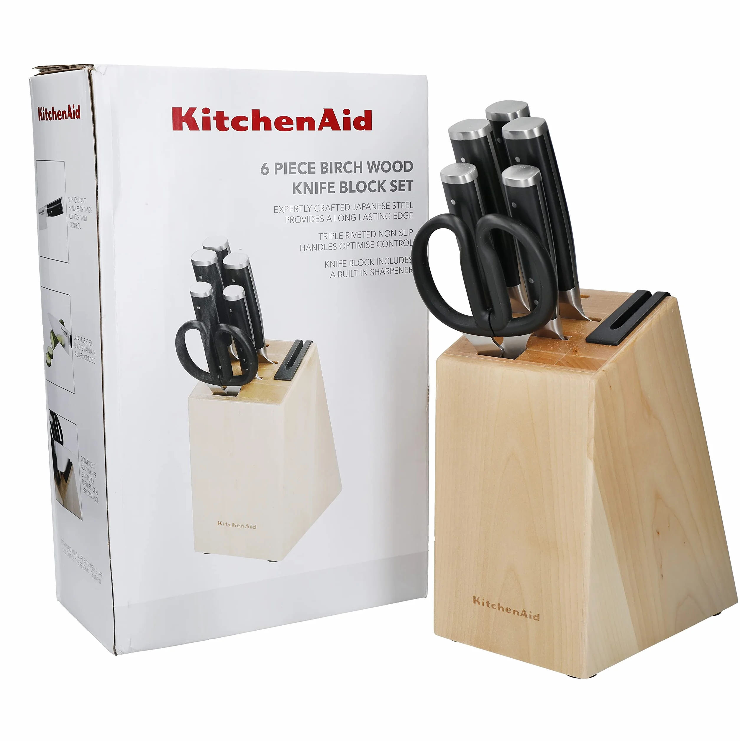 KitchenAid Gourmet Zestaw 6 noży z blokiem do przechowywania, czarne uchwyty, japońska stal – 5 noży, nożyczki i ostrzałka