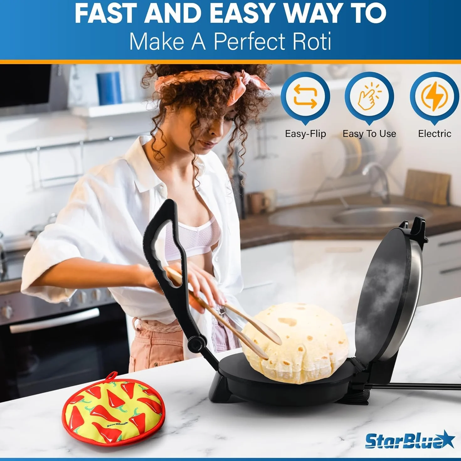 Roti Maker 25,4 cm firmy StarBlue z bezpłatnym ogrzewaczem Roti i zdejmowanym uchwytem – indyjskie chapati, tortilla, Roti AC220-240 V 50/60 Hz 1200 W, wtyczka UE
