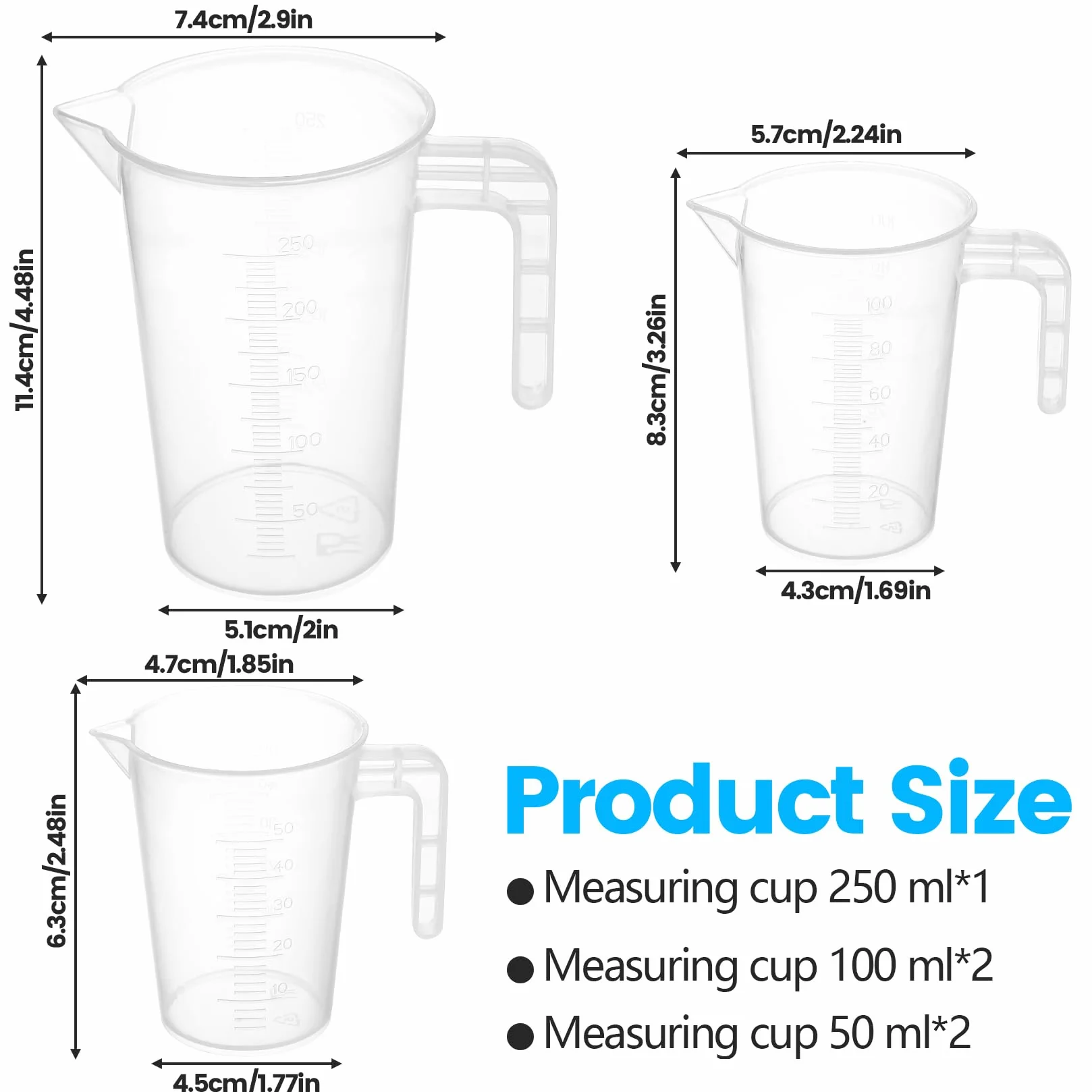 Zestaw 5 Miarek, 50ml 100ml 250ml Kubki Miarowe, Precyzyjne Plastikowe Miarki z Podziałką i Uchwytem, Pojemniki Miarowe do Laboratorium Kuchni Pieczenia Gotowania Prania Detergentu