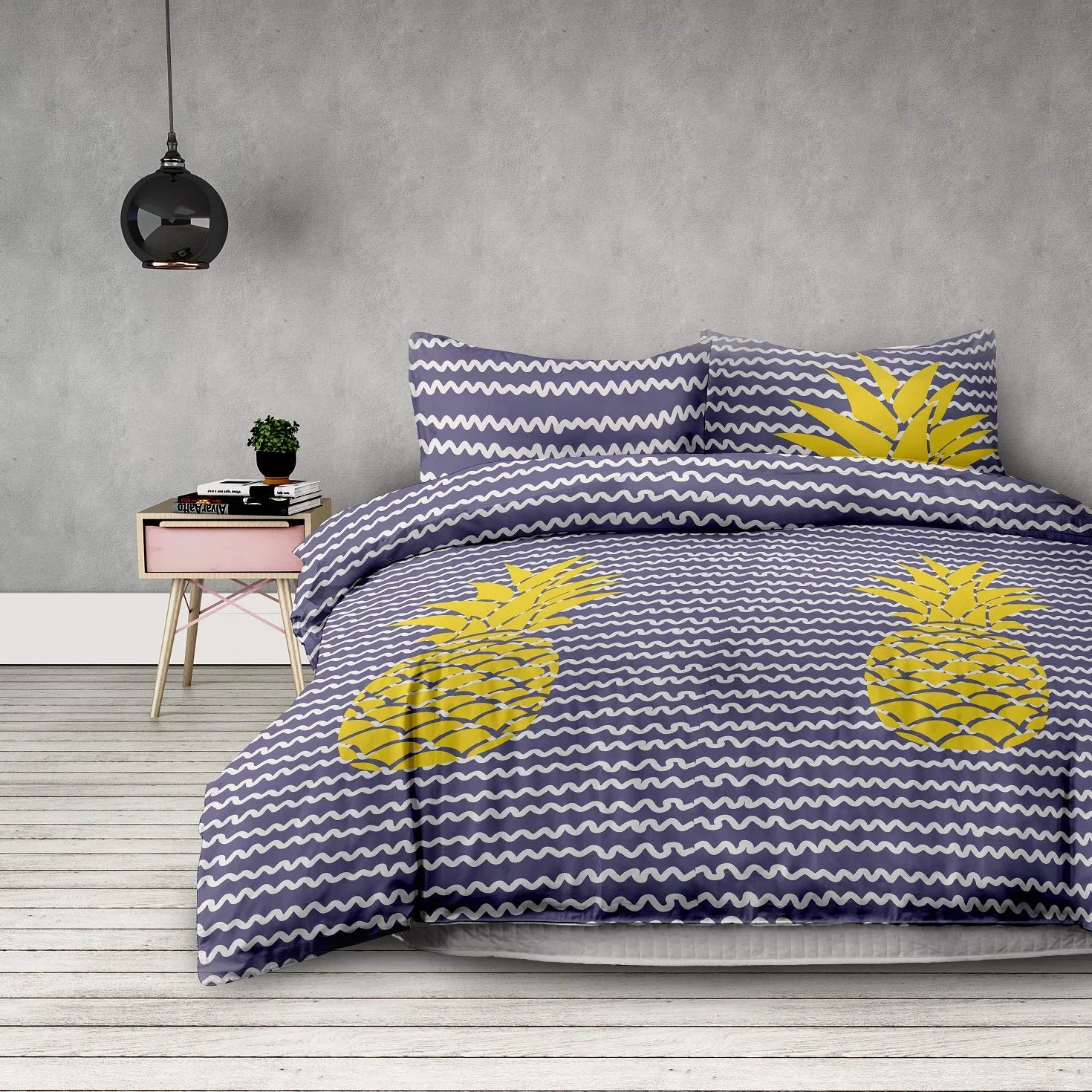 AmeliaHome Komplet pościeli 3 - częściowy 200x220 cm z 2 poszewkami na poduszki 70x80 cm w fale Mikrofibra zamek błyskawiczny Basic Pineapple fioletowy żółty