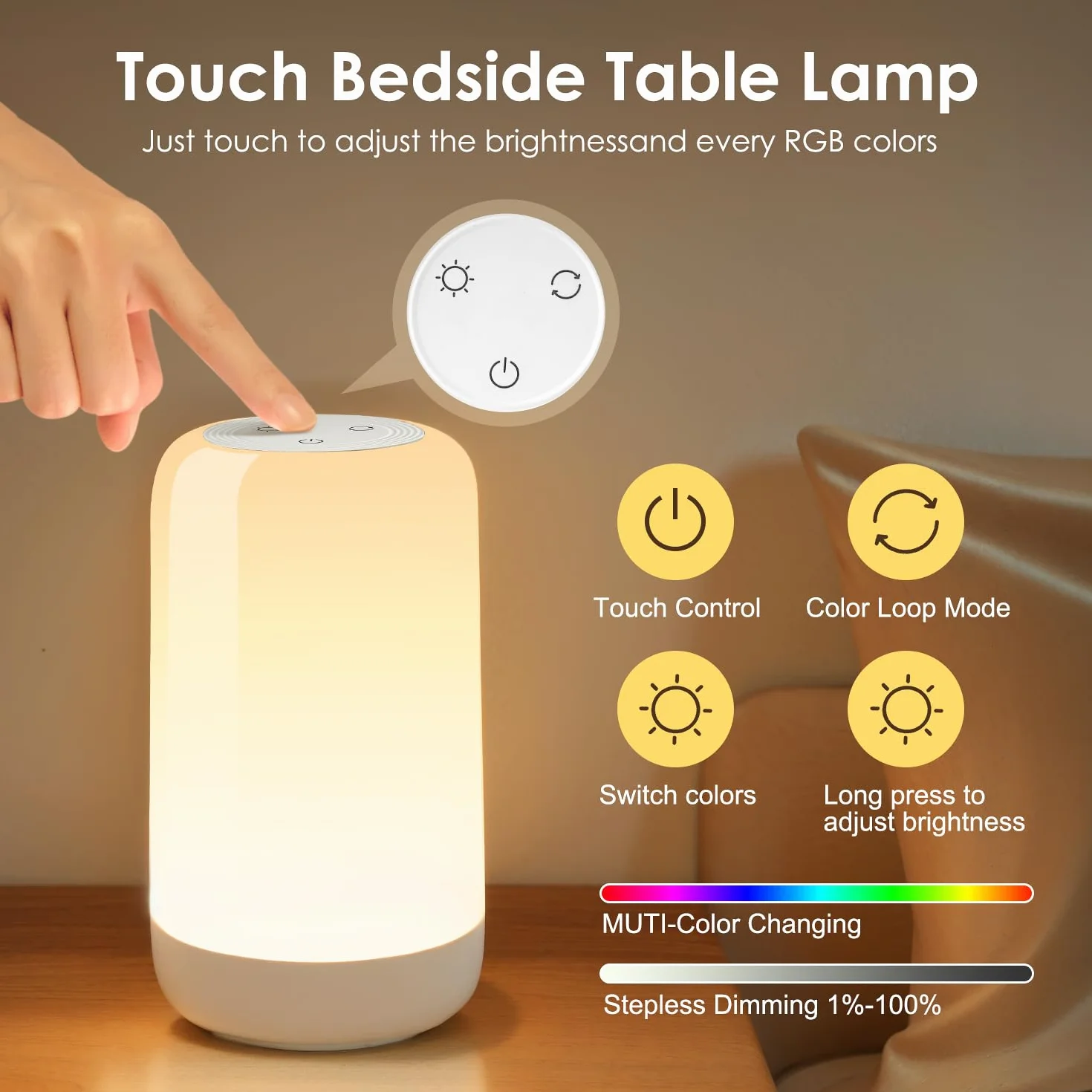 Lampka nocna do sypialni, 10 poziomów + 16 kolorów RGB, ściemnialna, dotykowa lampka nocna, 1200 mAh akumulatorowa lampka nocna