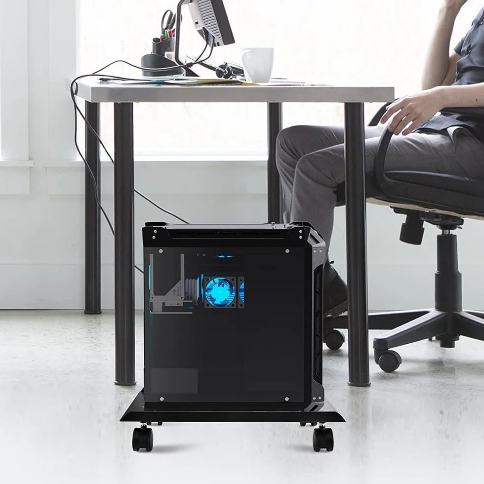 biały stojak na PC Case z 4 kółkami, regulowany uchwyt CPU i samoprzylepny klip na kabel, pasujący do większości komputerów