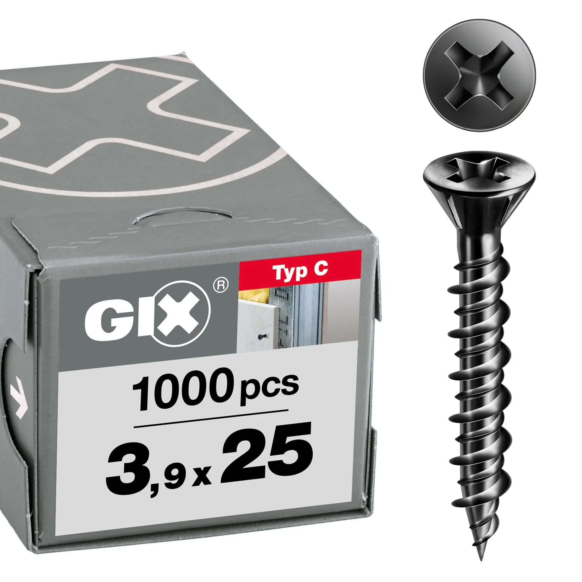 SPAX GIX-C 1791170390255 wkręty do szybkiego montażu 3,9 x 25 mm, gwint HiLo, 1000 sztuk, mała głowica frezująca, rowek krzyżowy H2, śruby do płyt gipsowo-kartonowych i elementów suchej jastrychu