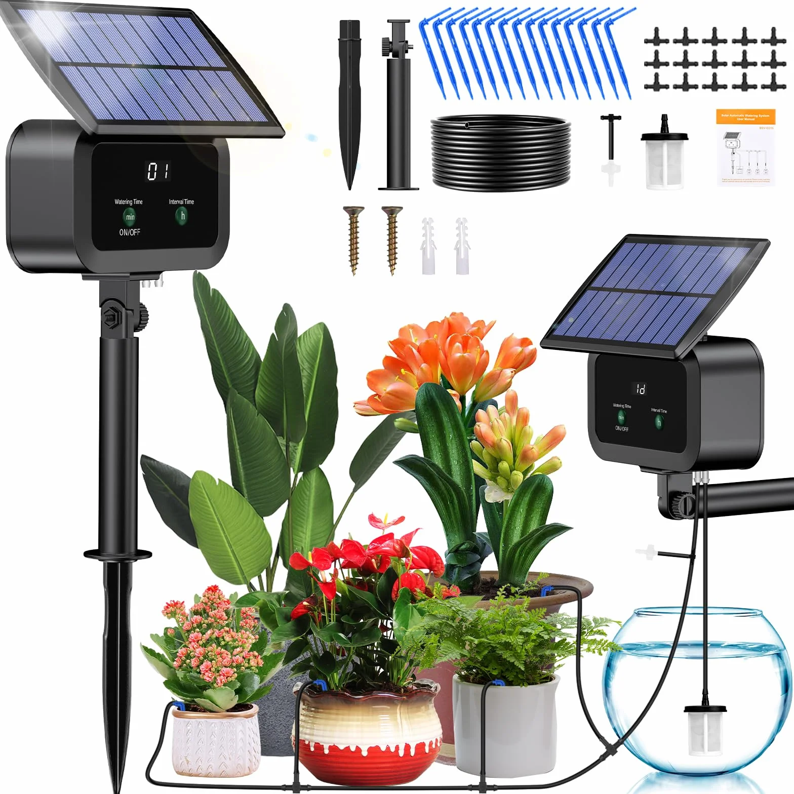 Zestaw do automatycznego nawadniania solarnego, automatyczny system nawadniania ogrodowego, solarne systemy nawadniania z zegarem + wąż 15 m do ogrodu, na balkon, do roślin doniczkowych