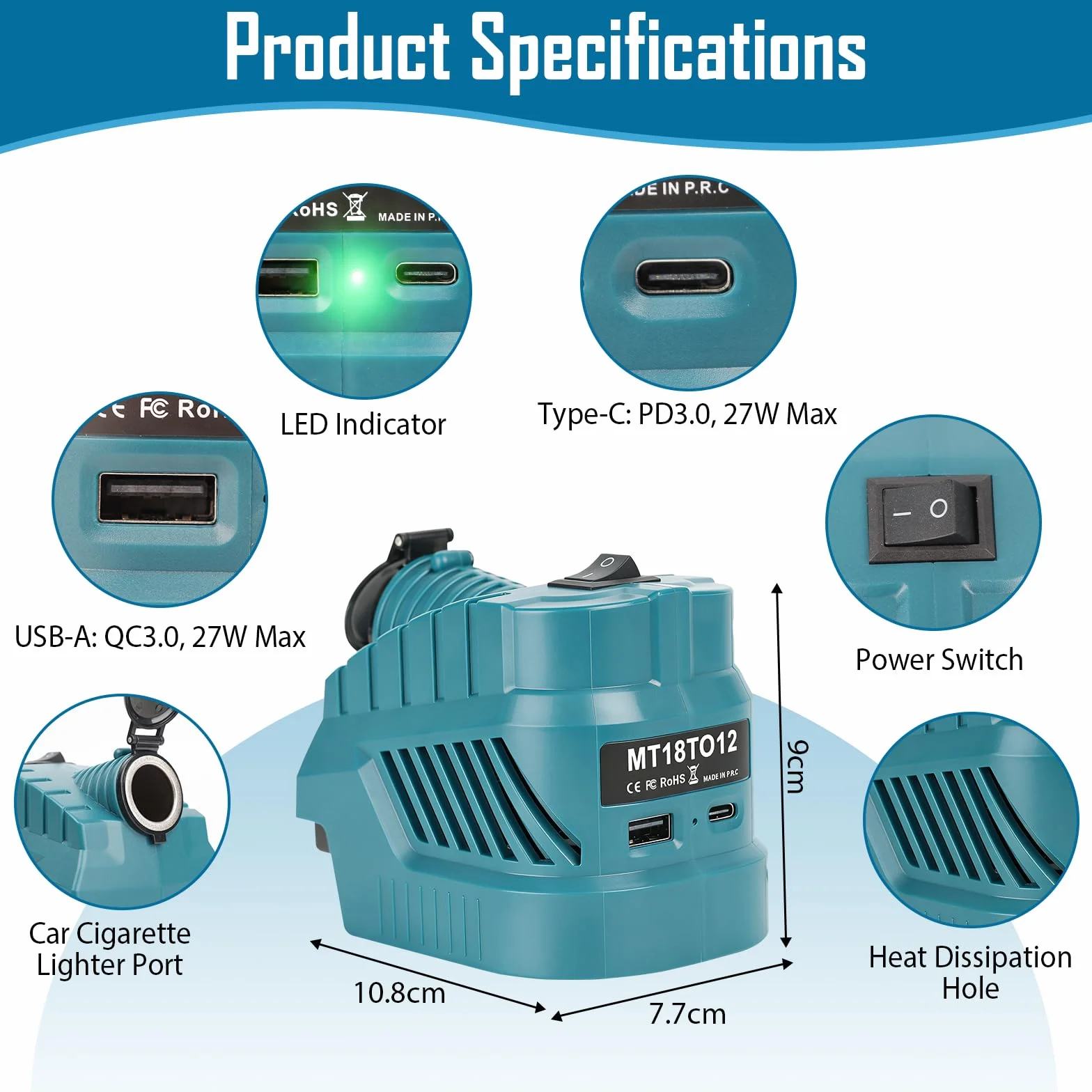 Konwerter Step Down kompatybilny z baterią litową Makita 18 V (bateria nie jest dołączona), adapter regulatora napięcia 18 V na 12 V z zapalniczką i portem USB