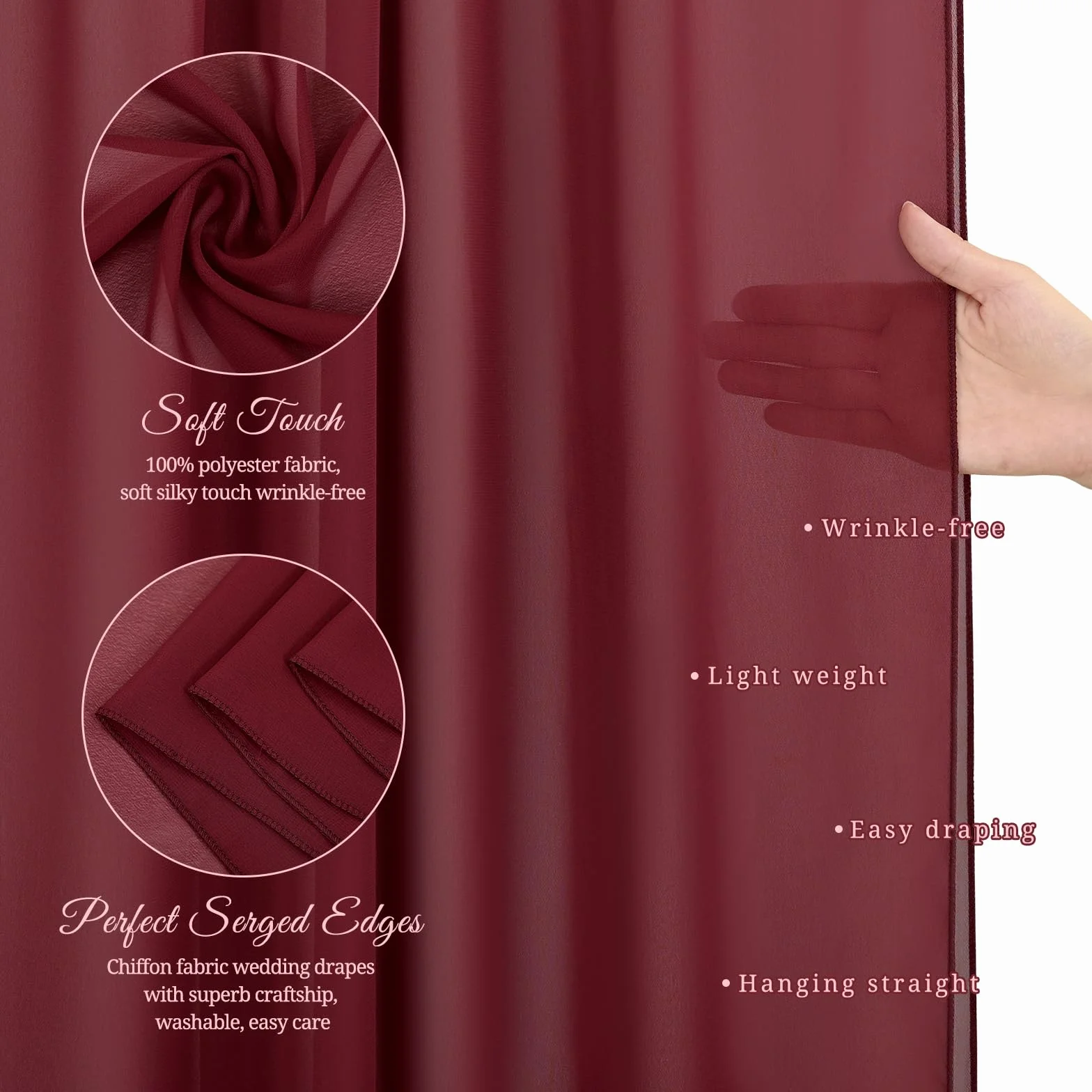 Showgeous łuk ślubny zasłona zasłona tkanina 2 panele 73 x 610 cm bordowy szyfon tkanina draperia łuk ślubny zasłony szyfonowe czyste tło zasłony na wesele łuk dekoracje ceremonii