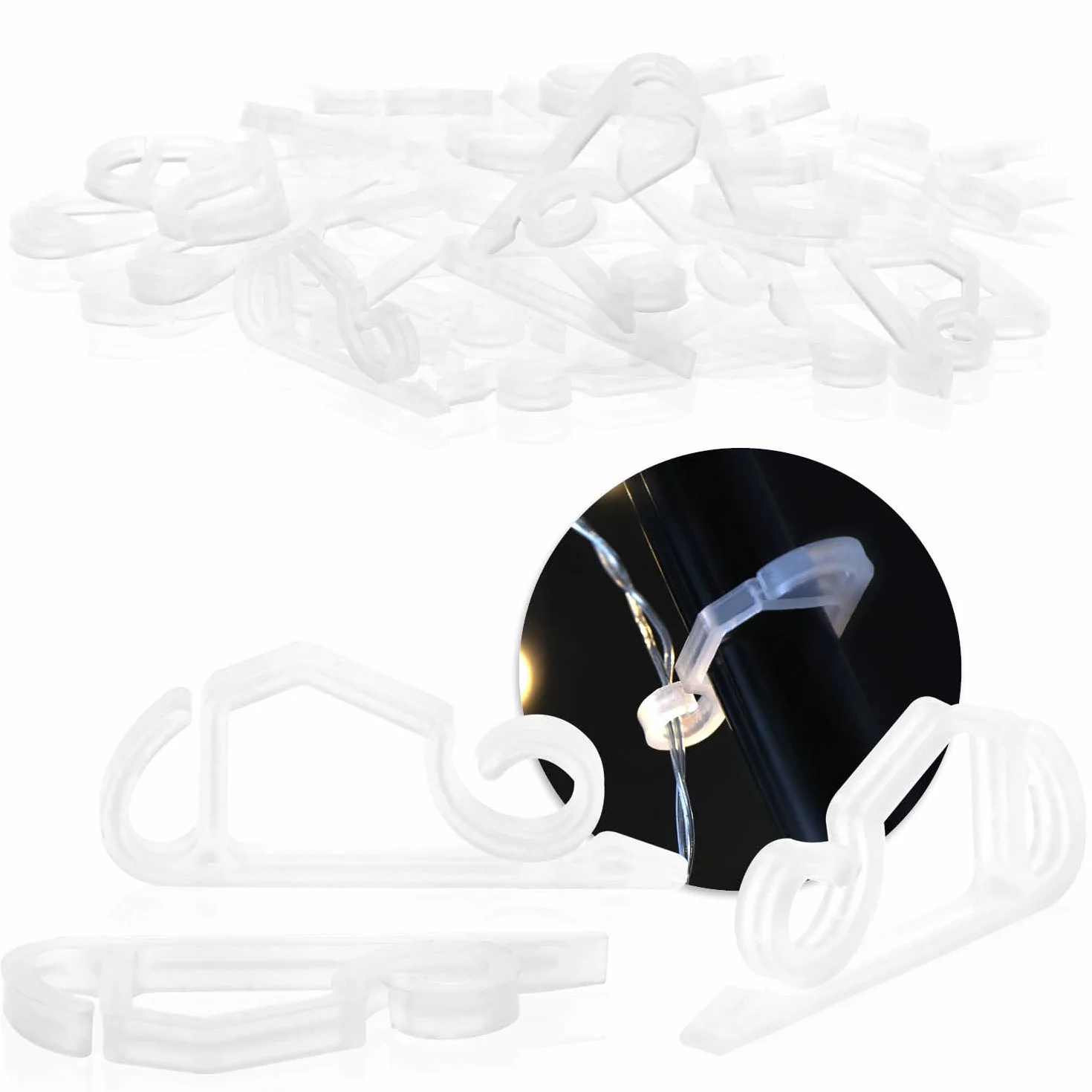 COM-FOUR® 50x haki do lampek choinkowych - plastikowe haczyki - mocowanie do zewnetrznych lampek choinkowych