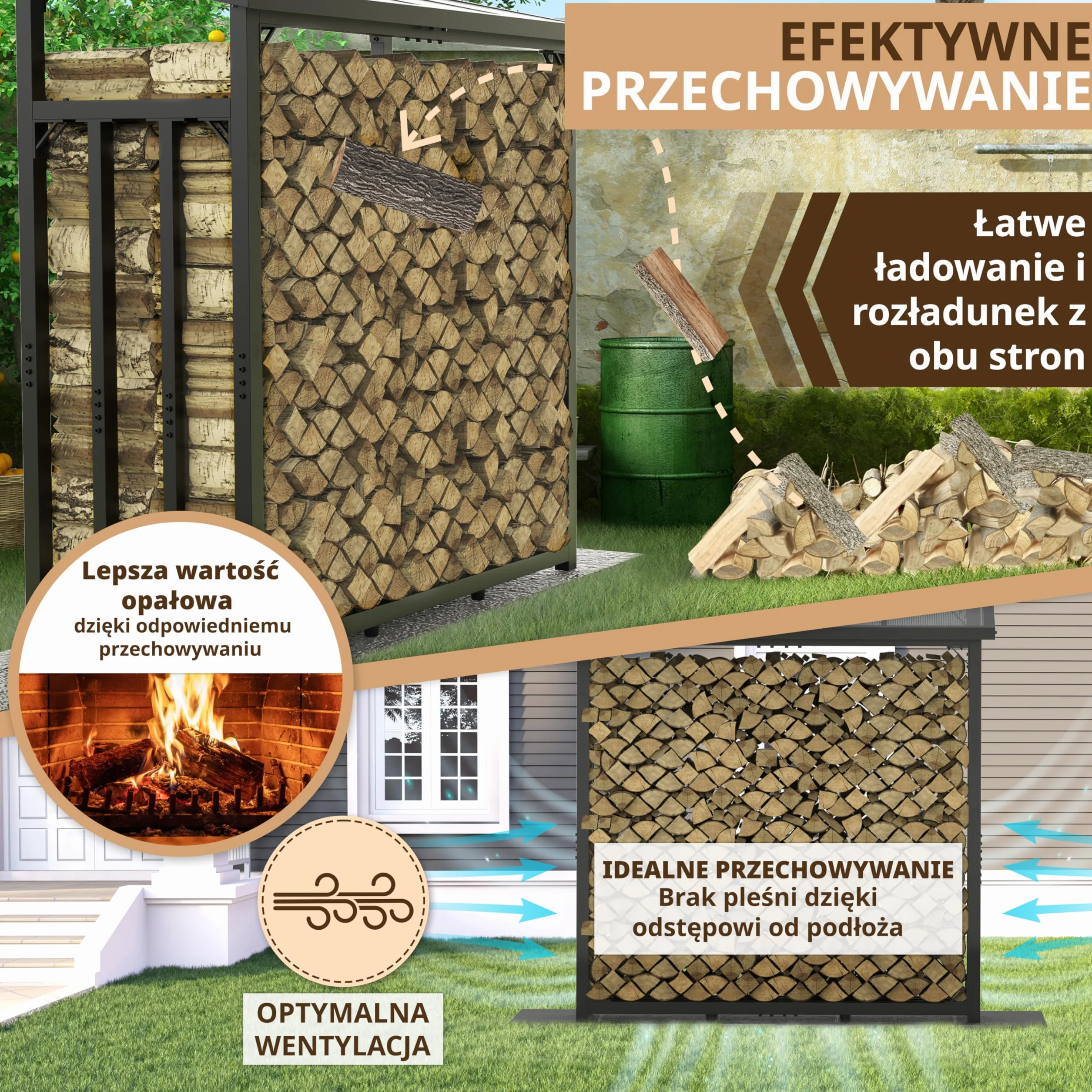 Regał na drewno opałowe zewnętrzny z dachem, ocynkowany, 188 x 70 x 188 cm 45 kg, stojak do układania w stos, nośność 3 t regał na drewno kominkowe metal z pokrywą czarny