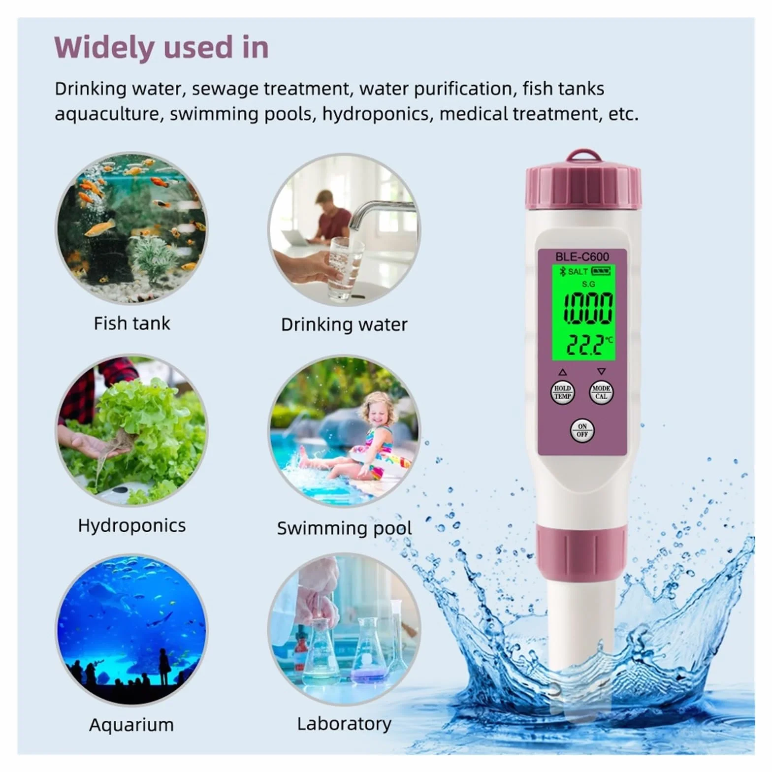 BLE-C600 Pióro Jakości Wody Kompatybilne Z Bluetooth 7 W 1 PH EC TDS ORP SALT SG Miernik Temperatury Aplikacja Inteligentny Tester Kontroli DokłAdny Pomiar