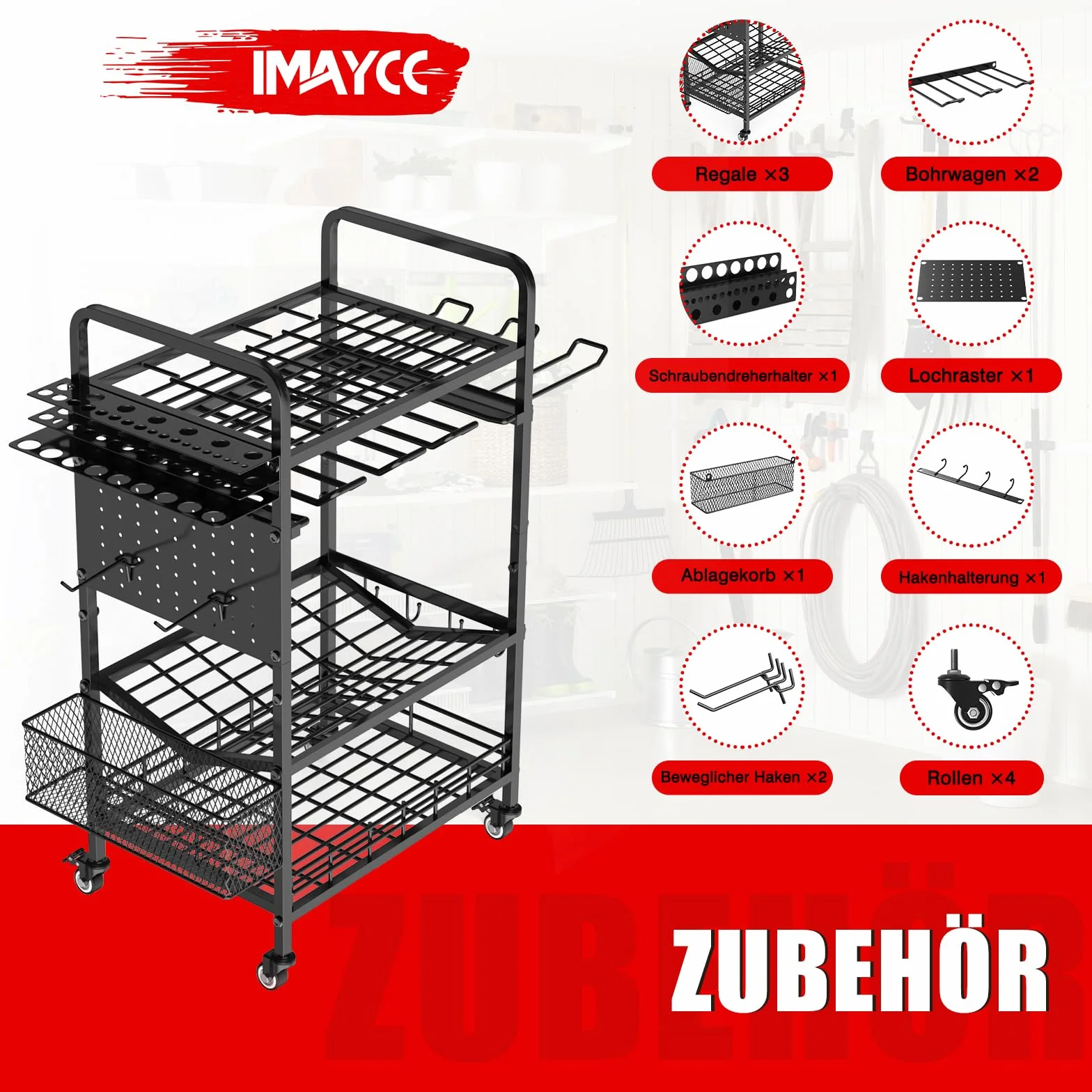 IMAYCC Organizer elektronarzędzia z kółkami, 4-warstwowy wózek do przechowywania narzędzi z stali węglowej, nośność 100 kg, uchwyty na wiertarki, stacja ładująca