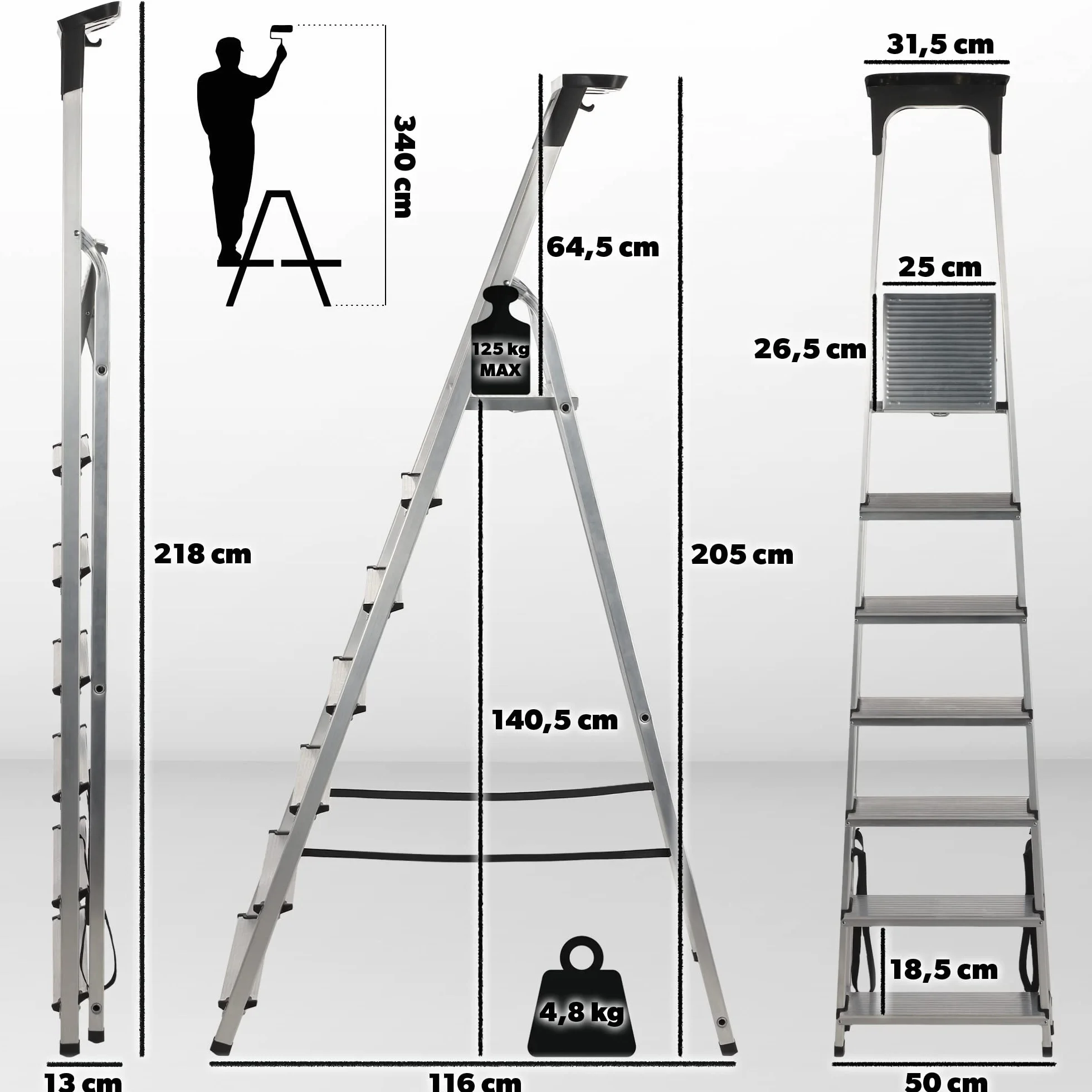 KADAX Drabina aluminiowa 6-stopniowa skladana | wielofunkcyjna | do 150kg | antyposlizgowa stabilna | dom warsztat