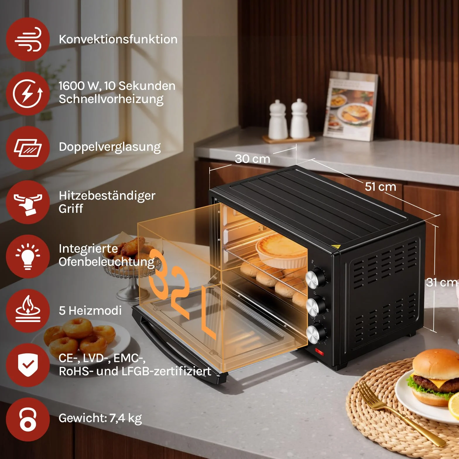 WOLTU mini piekarnik 32 litry, toster 1600 Watt | Piec do pizzy | Wyjmowana tacka na okruchy z minipiekarnikiem z timerem do pizzy, tostów, indyka, hot-dogów, czarnych