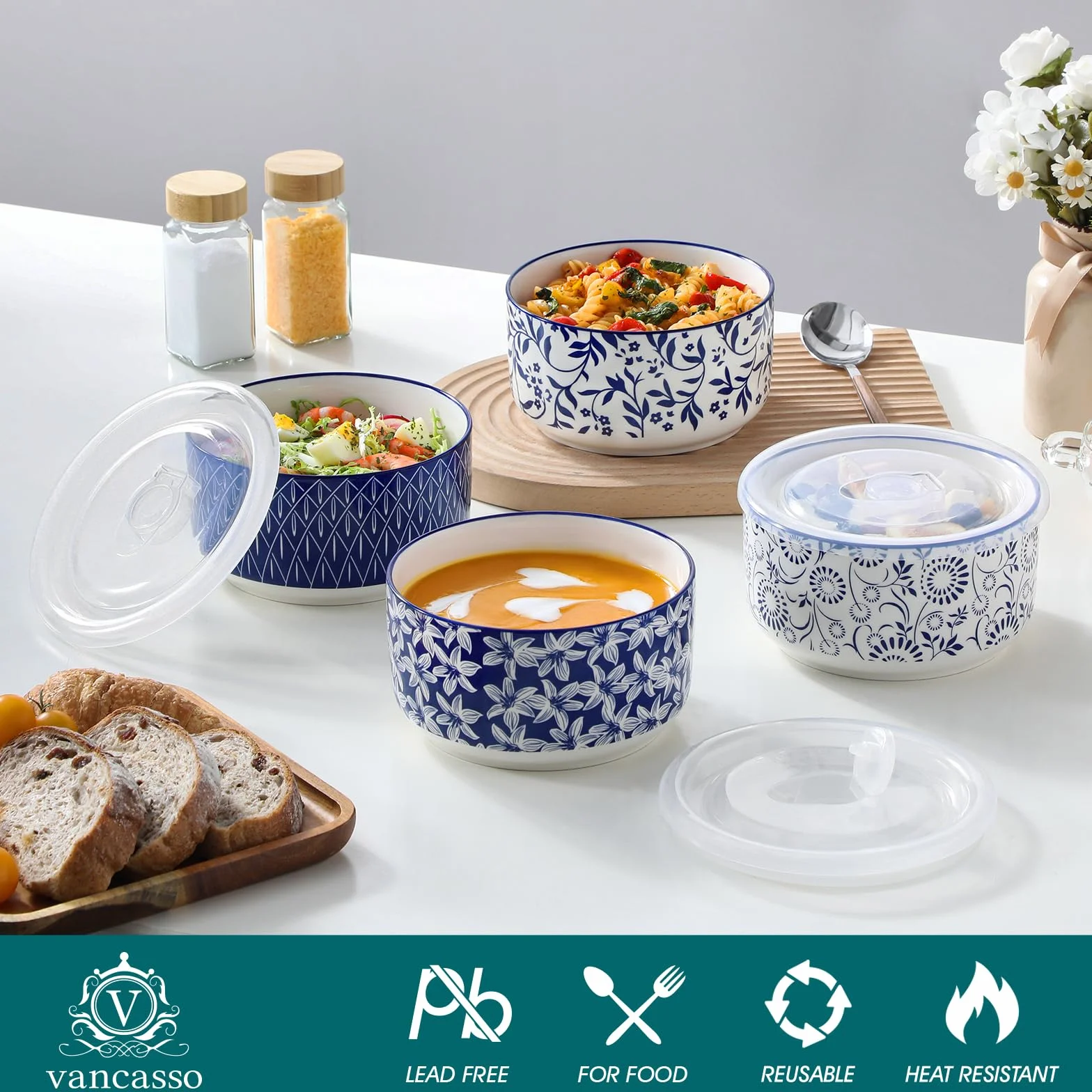 vancasso Miska do sałatki z pokrywką, 4-częściowa, 1080 ml, ceramiczne, miski na zupę, niebiesko-białe, miska z pokrywką na musli, sałatę, zupę, ramen