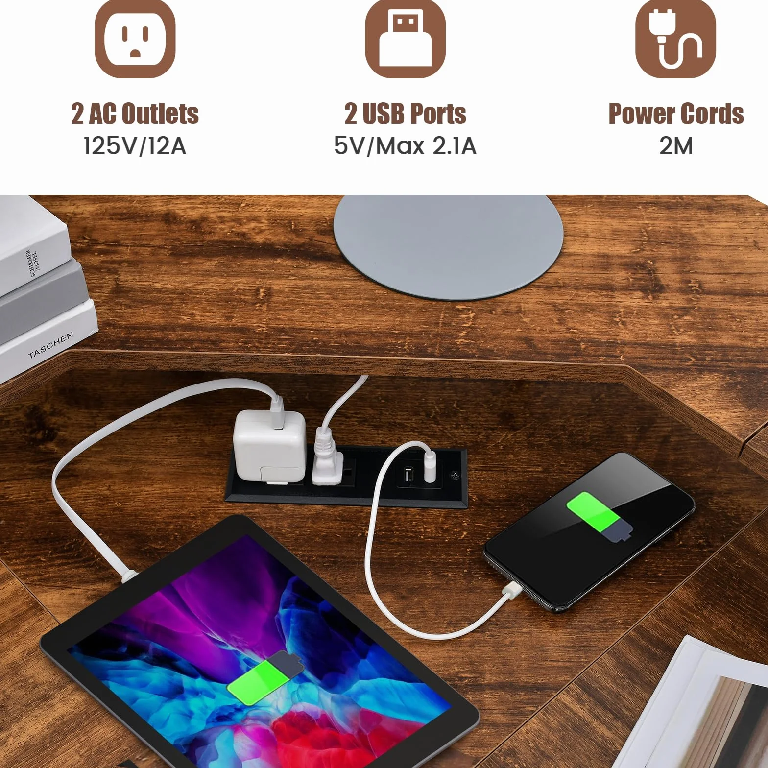LIFEZEAL Narożne biurko w kształcie litery L, biurko z uchwytem na monitor, biurko ze stacją ładującą, półką na klawiaturę i hakiem na słuchawki, stół narożny do domu, biura, sypialni (brązowe)