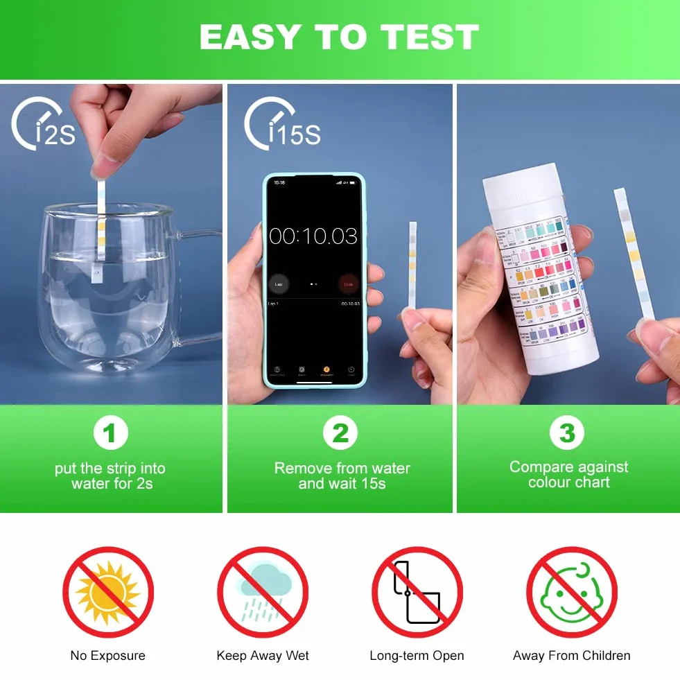 Flintronic Zestaw 50 pasków testowych do kontrolowania jakości wody basenowej 6 w 1, do chloru, bromu, PH, zasadowości całkowitej, twardości, kwasu cyjanurowego, paski do spa i basenu