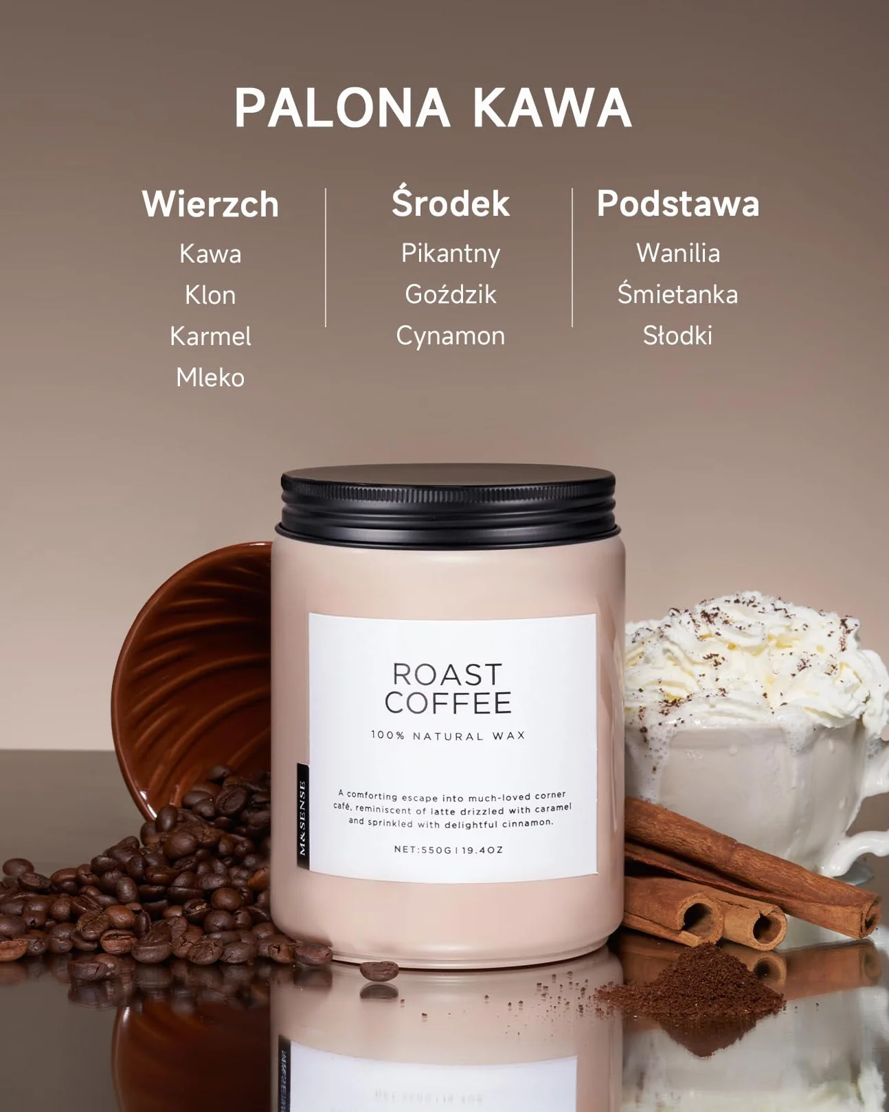 M&SENSE ŚWIECA ZAPACHOWA - Intensywna Kawa | 2 Knoty | Naturalny Wosk Sojowy 550g | 110h Palenia | Prezent do Domu