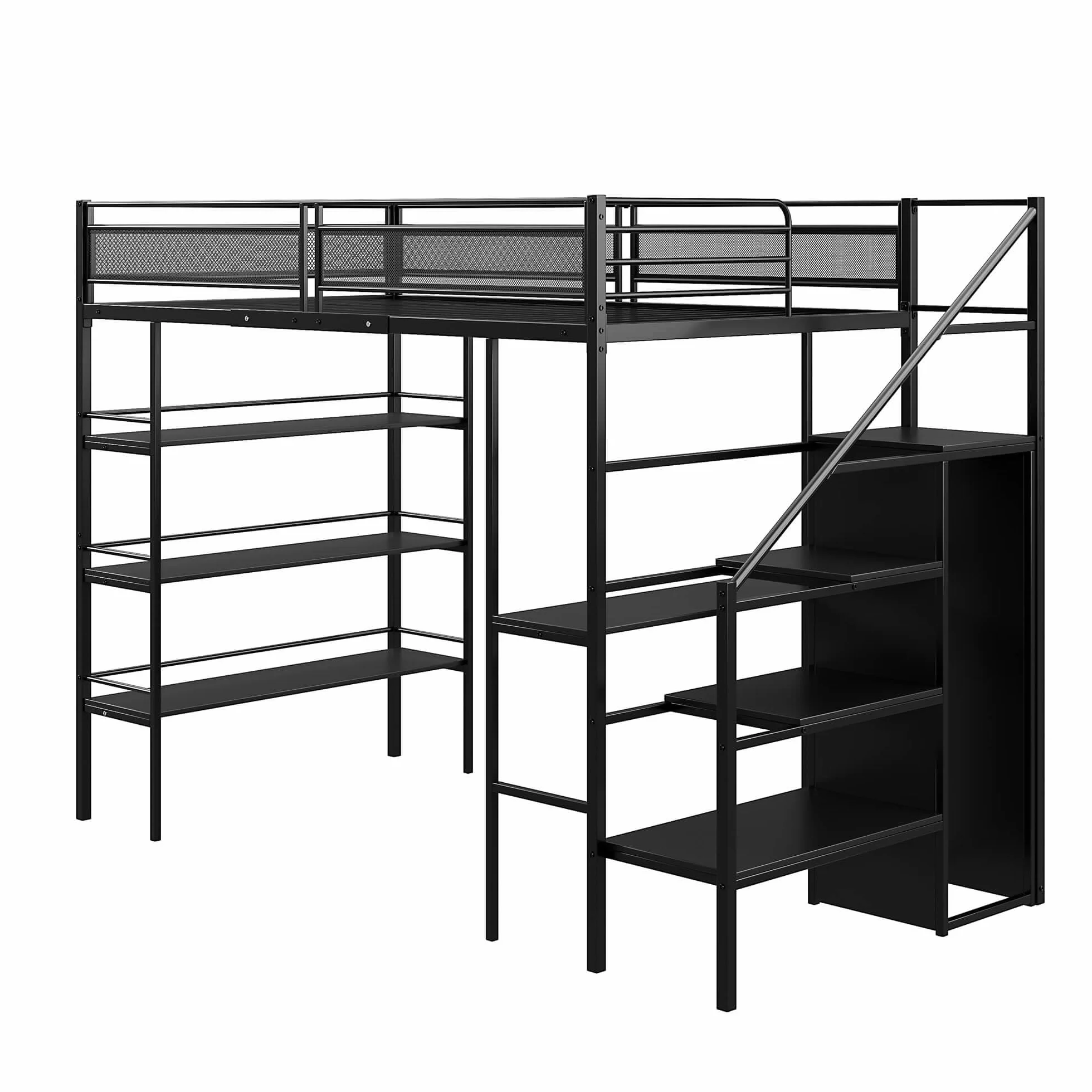 Łóżko piętrowe metalowe 90 x 200 cm, biurko i szafa na ubrania, łóżko piętrowe z półką i schodami, rama łóżka z miejscem do przechowywania, łóżko dla dzieci i młodzieży, czarne