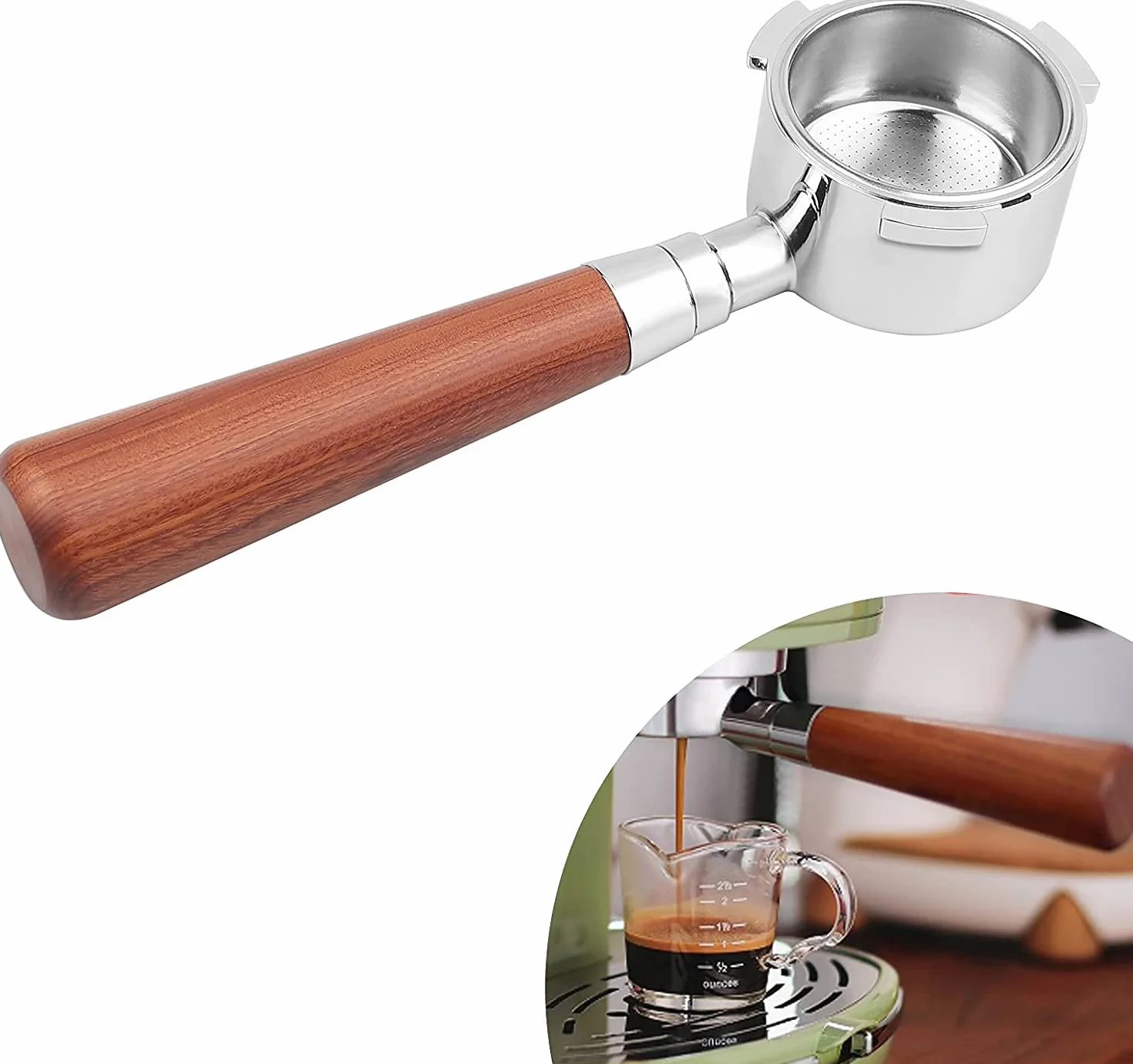 VIA CREMA Bezdny sitko 51 mm z drewnianym uchwytem Bottomless Naked Portafilter (51 mm) Odporność na utlenianie i trwałość. Akcesoria do sitka