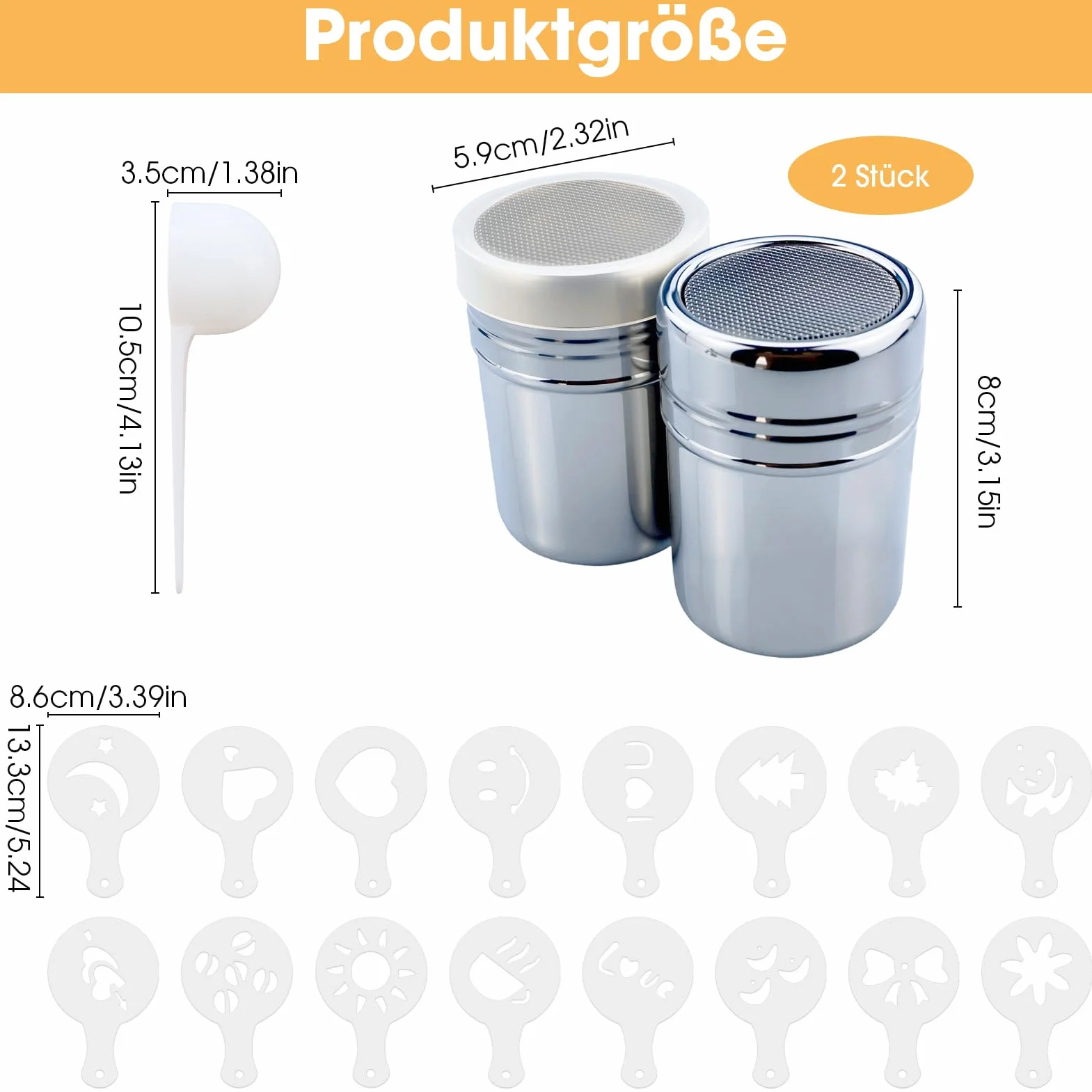 Posypywacz ze stali nierdzewnej z pokrywką, sitko, młynka do cukru pudru, kakao cappuccino, 16 foremek tłoczonych i miarka