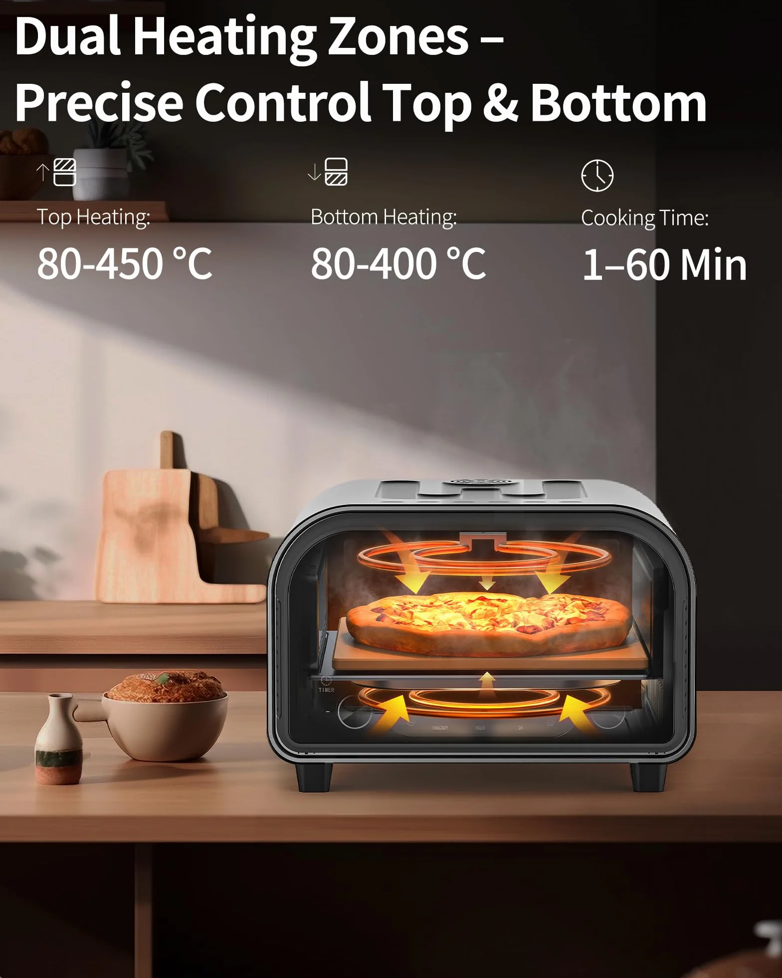 Elektryczny piekarnik do pizzy - do 450 ℃, 5 wstępnie ustawionych rodzajów pizzy, ekran dotykowy i obrotowe pokrętła, 1-60 minut timer, korpus ze stali nierdzewnej, do pizzy 32 cm