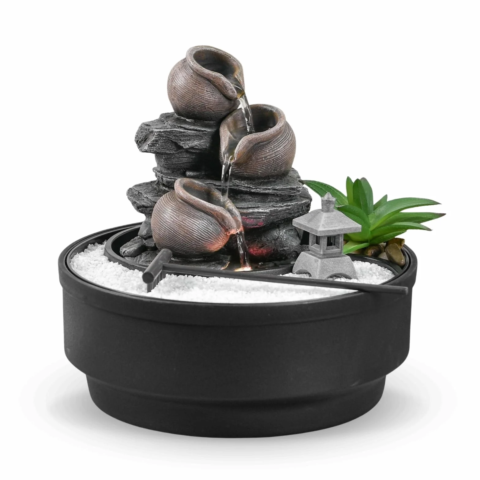 Fontanna ogrodowa Zen, fontanna wodospadowa, kolorowe światło LED, relaksująca dekoracja nastrojowa, ogród Zen biały piasek, fontanna stołowa zamknięta obwód, H21 cm - Oasis Zen'Light