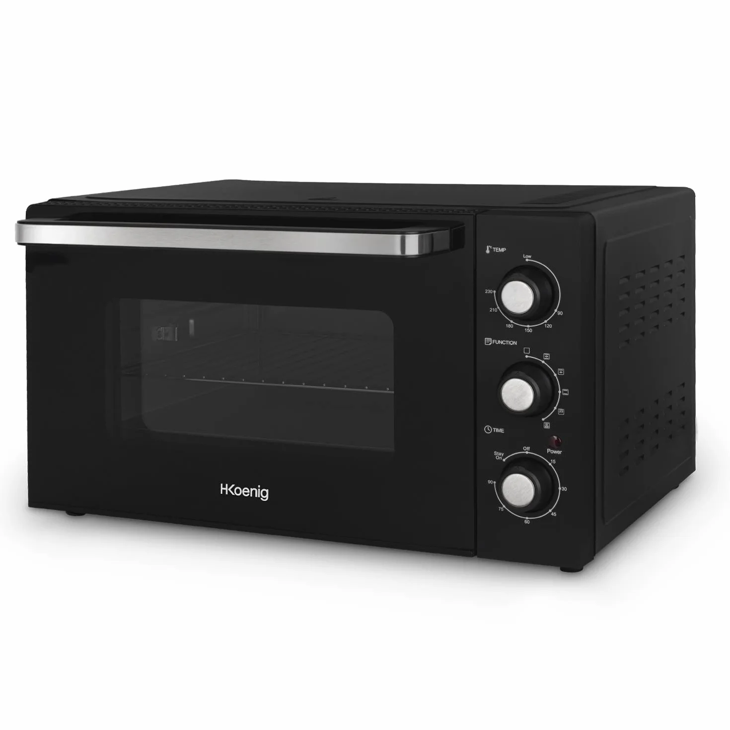 Kompaktowy mini piekarnik FO42 H.Koenig, pojemność 42L, temperatura do 230°C, 5 trybów gotowania, timer do 90 min, ciepło obrotowe/pieczone, z szczypcami, podnośnikiem okruchów i gramofonem, 2000 W