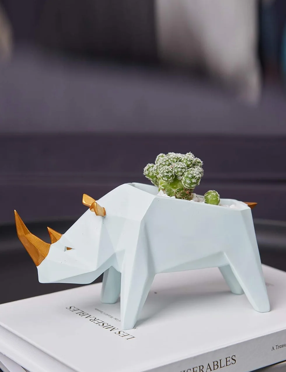 Amoy-Art Kaktus sukulent doniczka na rośliny nosorożec statuetka figurka geometryczna zwierzę doniczka dekoracja na prezenty domowe żywica rzeźba pudełko prezentowe 18 cm L