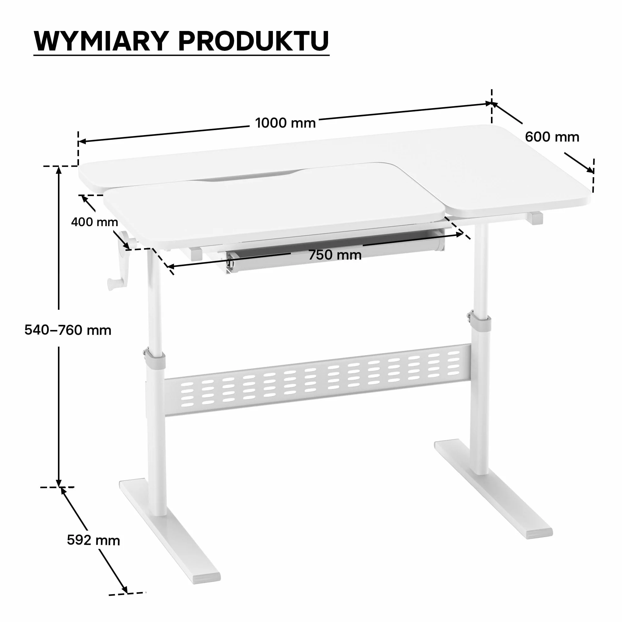 Biurko dla dzieci 100x60cm z regulowaną wysokością i kątem nachylenia z korbą ręczną