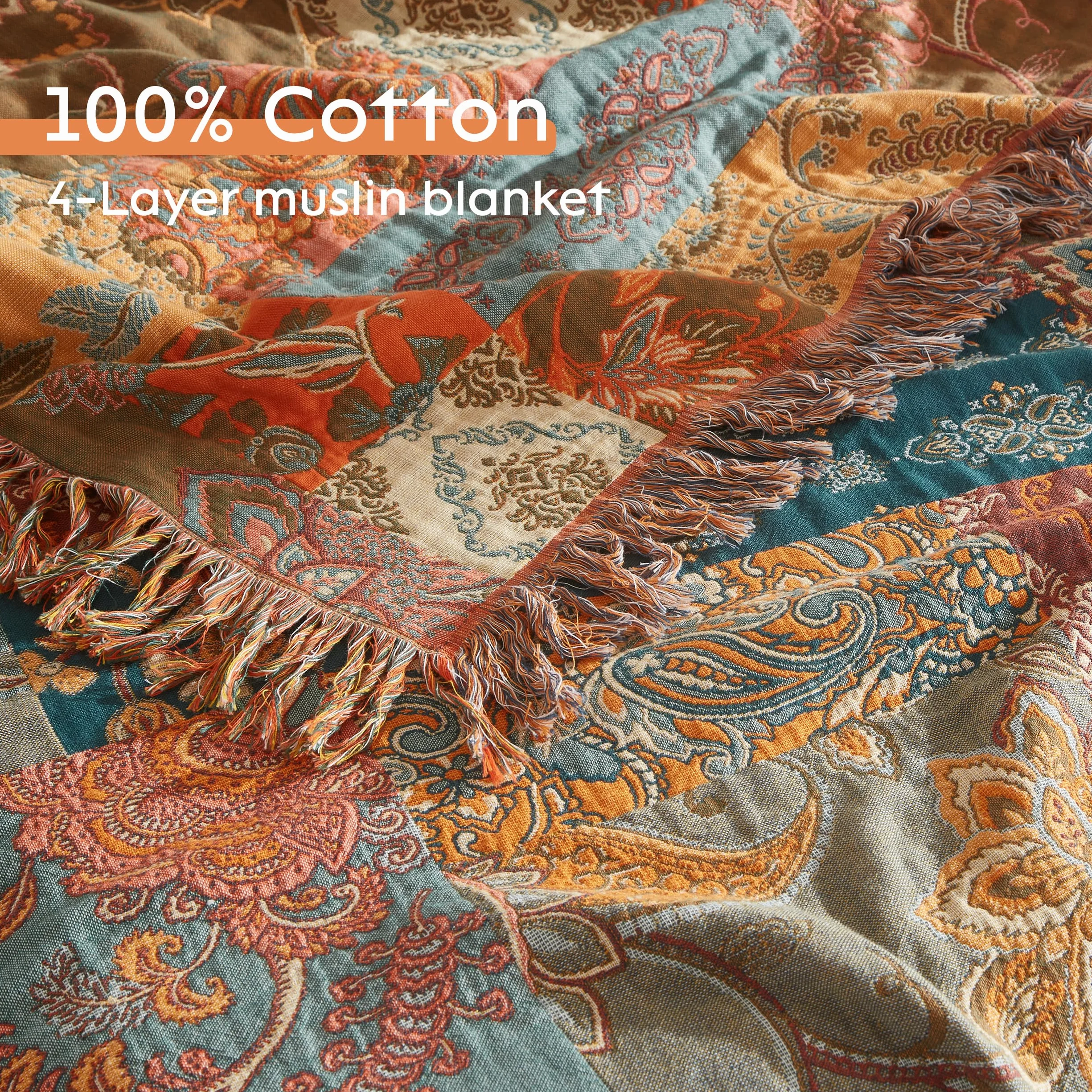 SESoftexly Bohemian koc 100% bawełna, duża dwustronna narzuta muślinowa, 200 x 230 cm, narzuta na sofę i łóżko, estetyczny design, idealny do salonu i sypialni, pomarańczowy/zielony