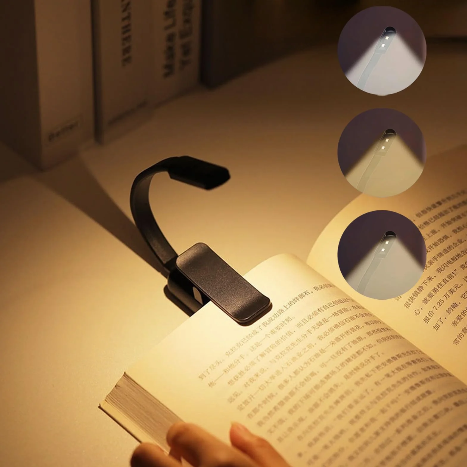Lampka do czytania LED, lampka do czytania z 3 diodami chroniącymi oczy, elastyczna 360° lampa z klipsem na książkę (czarna)