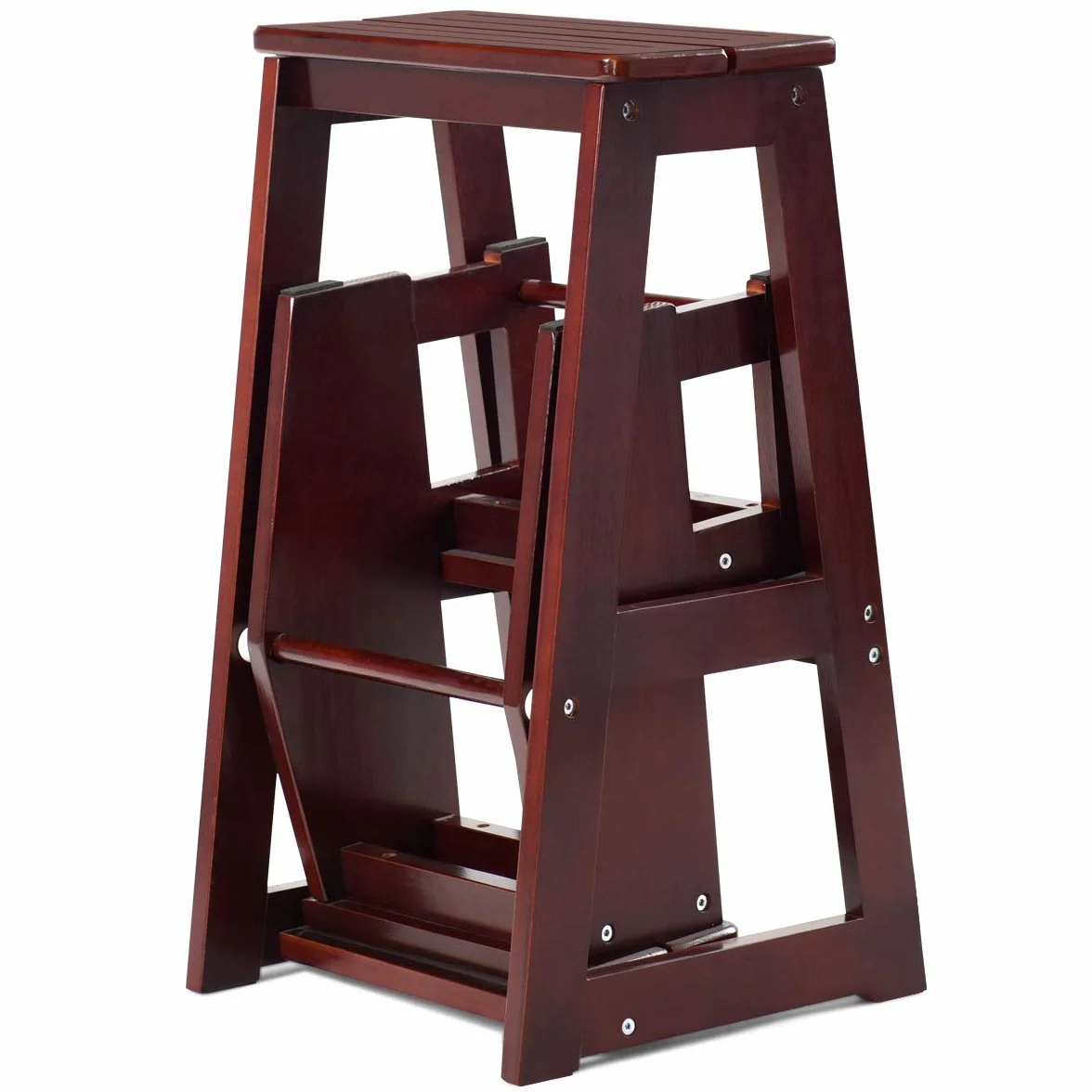 COSTWAY Drewniany stołek drabina wielofunkcyjny składany stołek 3-stopniowy 57 x 38 x 65 cm (ciemnobrązowy)