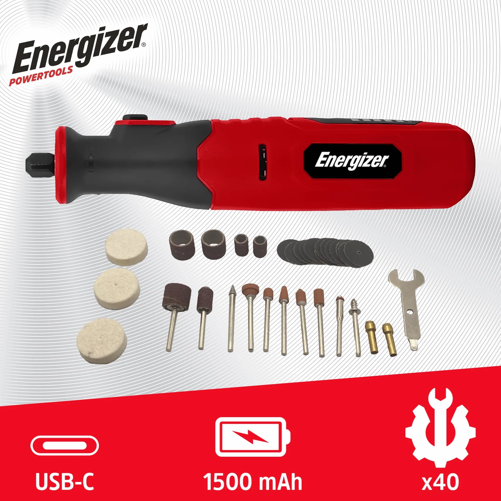 Energizer Bezprzewodowa szlifierka precyzyjna - bateria USB-C 1500 mAh - 5 prędkości (5000-25000 obr./min) - 40 akcesoriów - grawerowanie, szlifowanie, cięcie, polerowanie - kompaktowe i lekkie