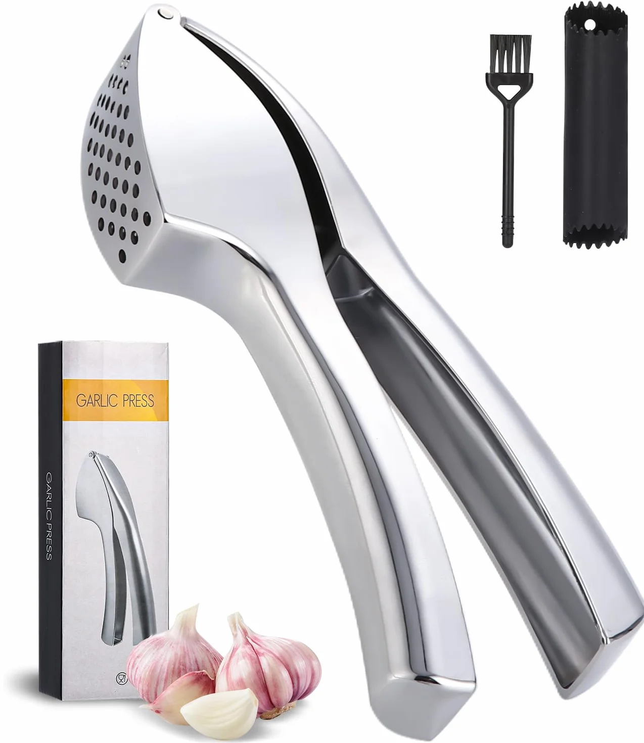Prasa do czosnku, krajalnica do czosnku z obieraczką do czosnku i szczotką do czyszczenia, poręczna i łatwa do czyszczenia, rozdrabniacz do czosnku Kitchen Aid, stylowy stop cynku (srebrny)