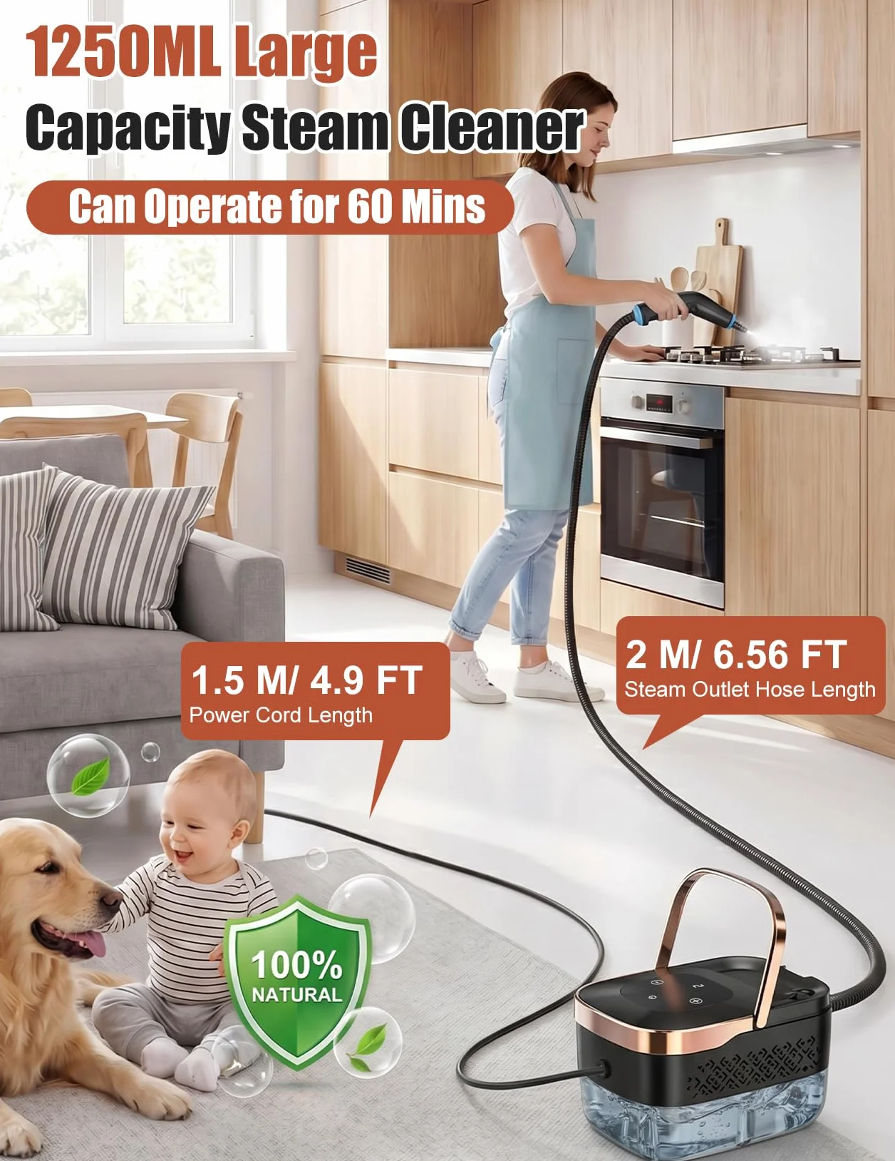 Odkurzacz Parowy, Wielofunkcyjny Ręczny Odkurzacz Parowy o Mocy 2500 W z 6 Regulowanymi Prędkościami i 8 Rodzajami Dysz, Przenośny 1250 ml, Wysokociśnieniowy