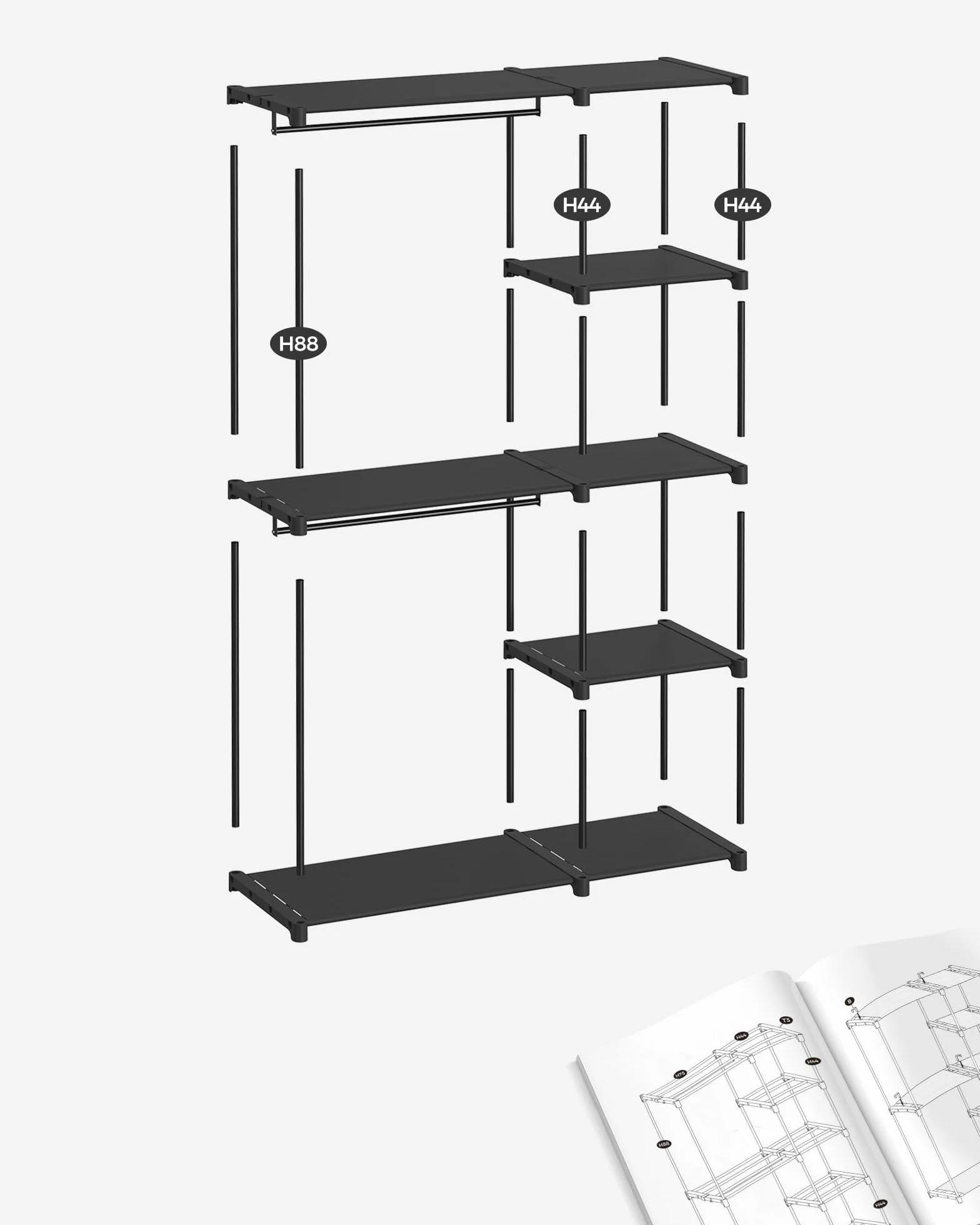 SONGMICS Otwarta szafa, szafa wolnostojąca, regał pionowy, wieszak na ubrania z wieszakami na ubrania, garderoba, sypialnia, 43 x 124 x 182 cm, czarny RYG026B02
