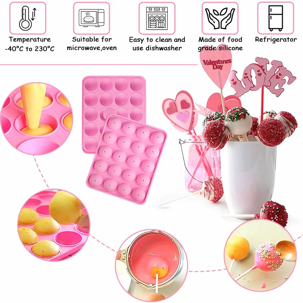 Forma Pop Cake, foremki na cukierki, 20 wgłębień silikonowa forma do wyskakujących patyczków, z 100 patyczkami do smoczka czekoladowego, narzędzia do pieczenia DIY, różowa