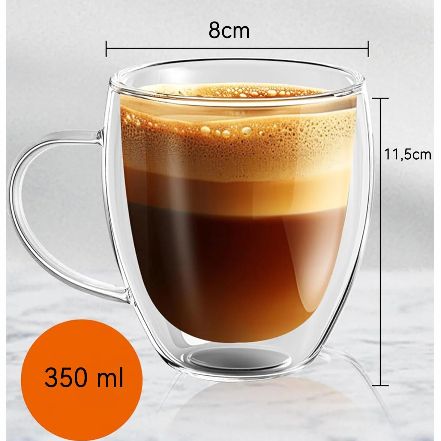 ERBO Szklanki do kawy o podwójnych ściankach 350 ml, szklanki do latte macchiato, 2 sztuki szklanek do kawy z uchwytem, podwójne ścianki cappuccino latte szklanki do herbaty